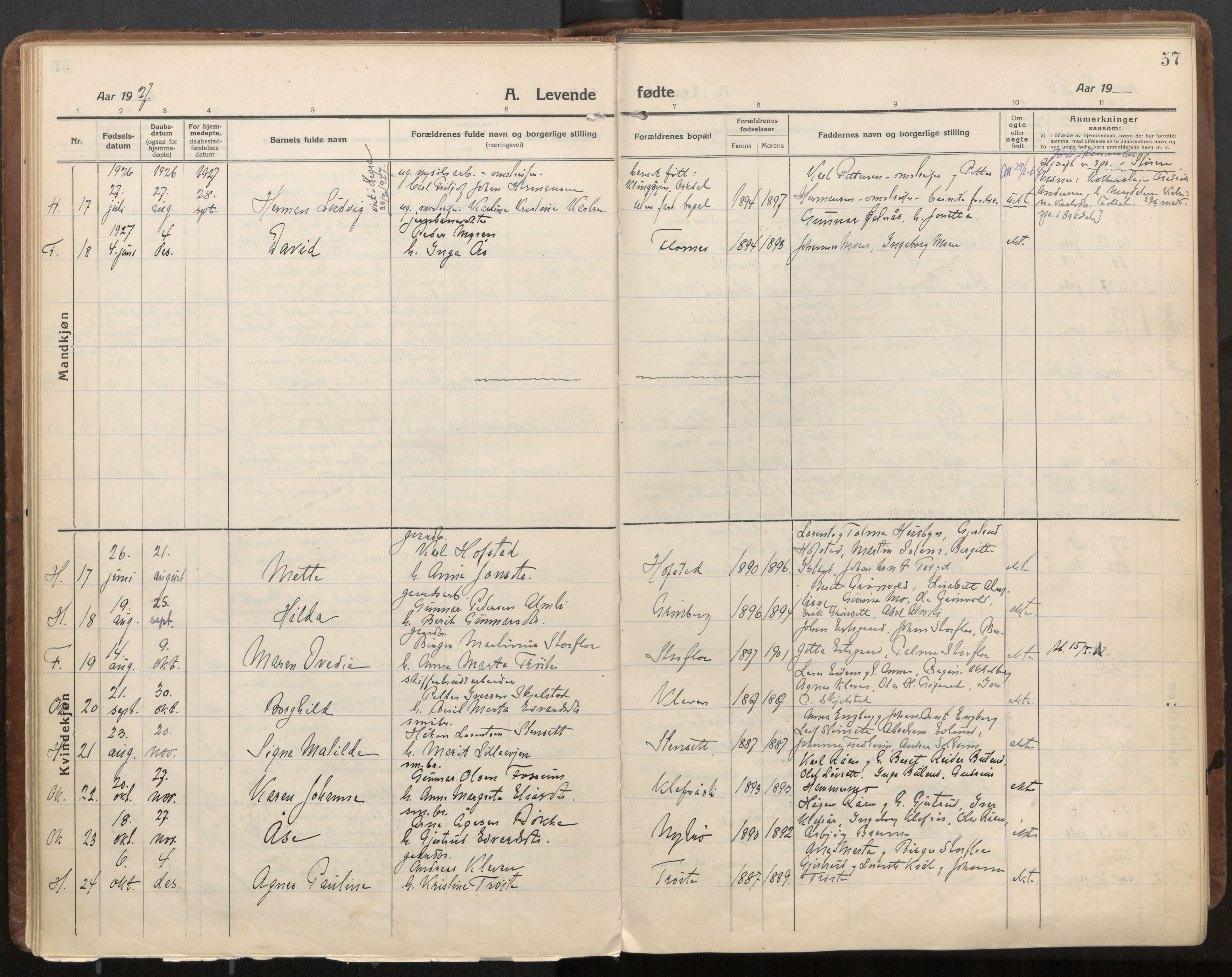 Ministerialprotokoller, klokkerbøker og fødselsregistre - Nord-Trøndelag, SAT/A-1458/703/L0037: Parish register (official) no. 703A10, 1915-1932, p. 57