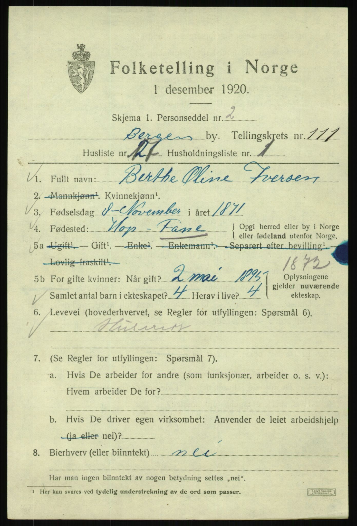 SAB, 1920 census for Bergen, 1920, p. 191487