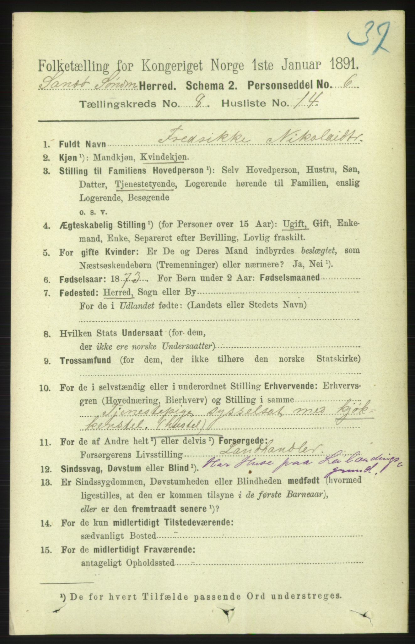 RA, 1891 census for 1514 Sande, 1891, p. 1443