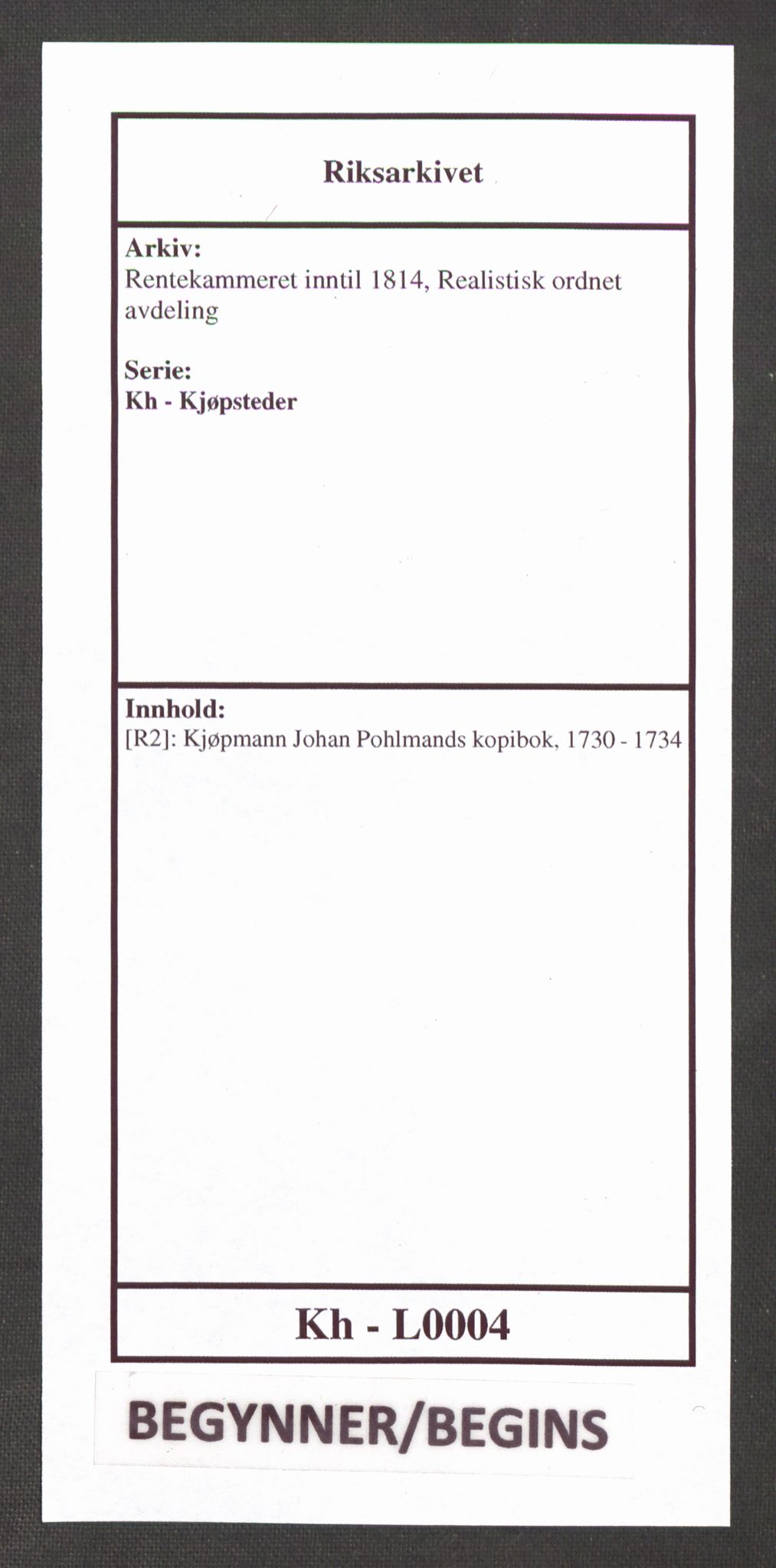 Rentekammeret inntil 1814, Realistisk ordnet avdeling, RA/EA-4070/Kh/L0004: [R2]: Kjøpmann Johan Pohlmands kopibok, 1730-1734, p. 1