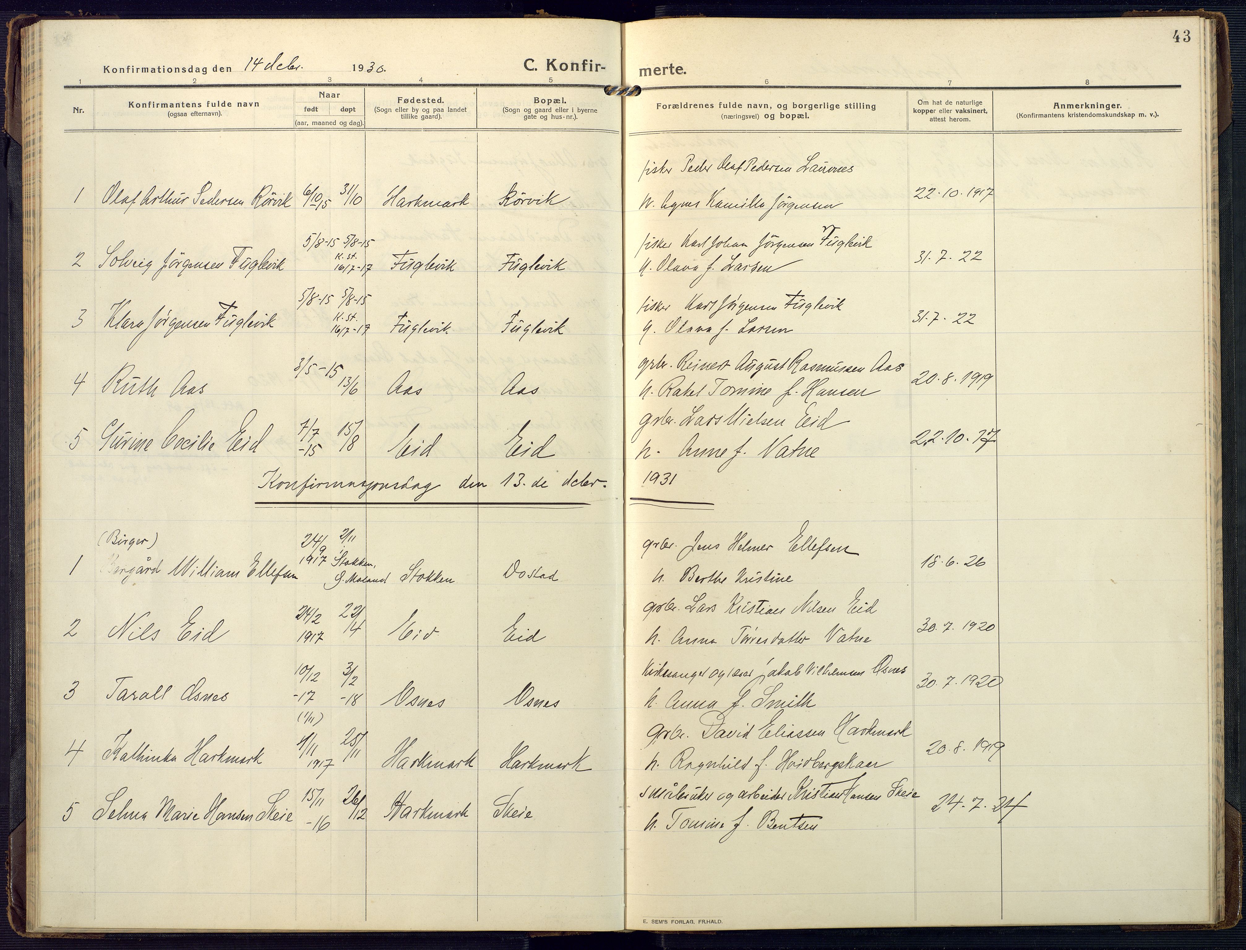 Mandal sokneprestkontor, SAK/1111-0030/F/Fa/Fab/L0003: Parish register (official) no. A 3, 1913-1933, p. 43