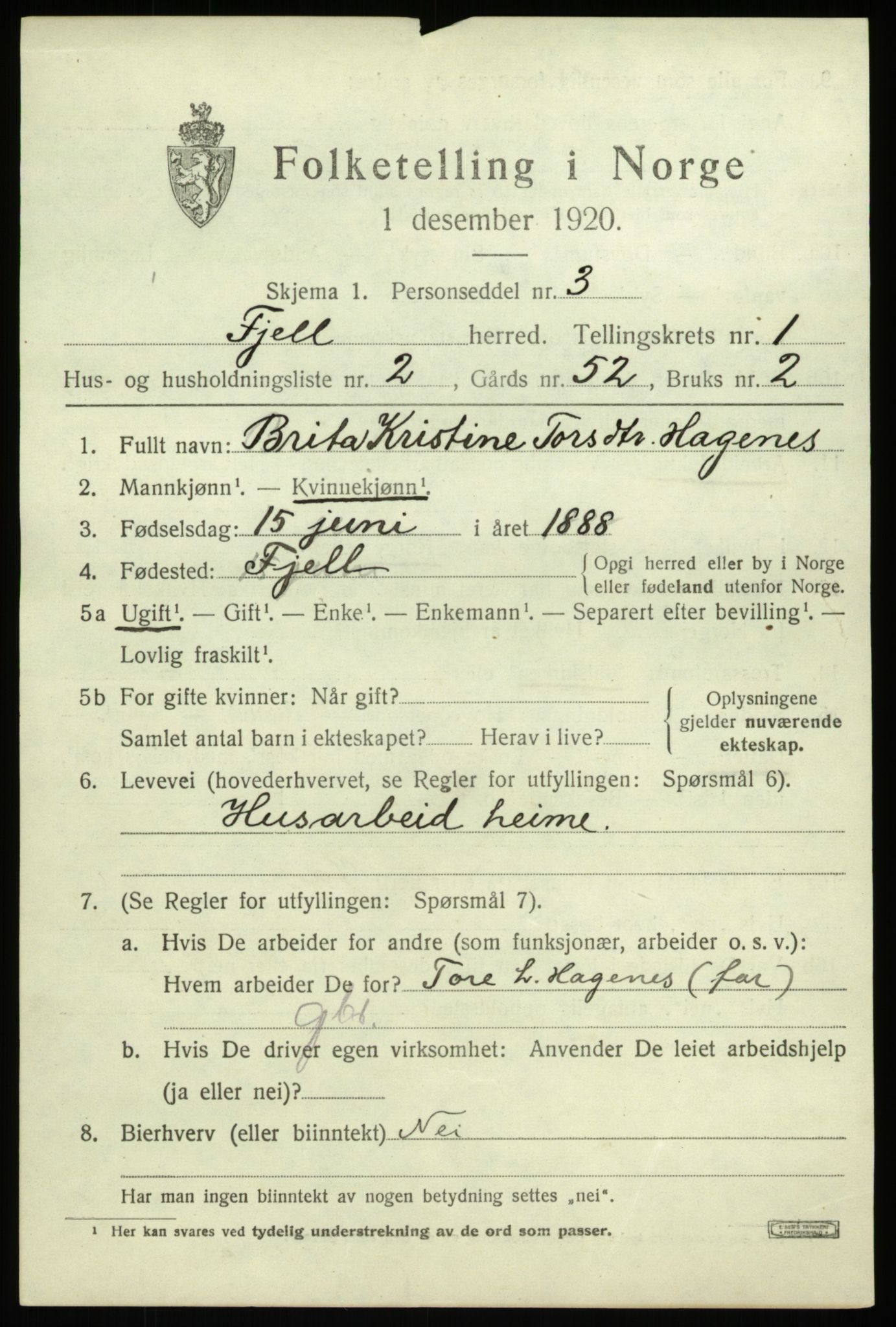 SAB, 1920 census for Fjell, 1920, p. 1476