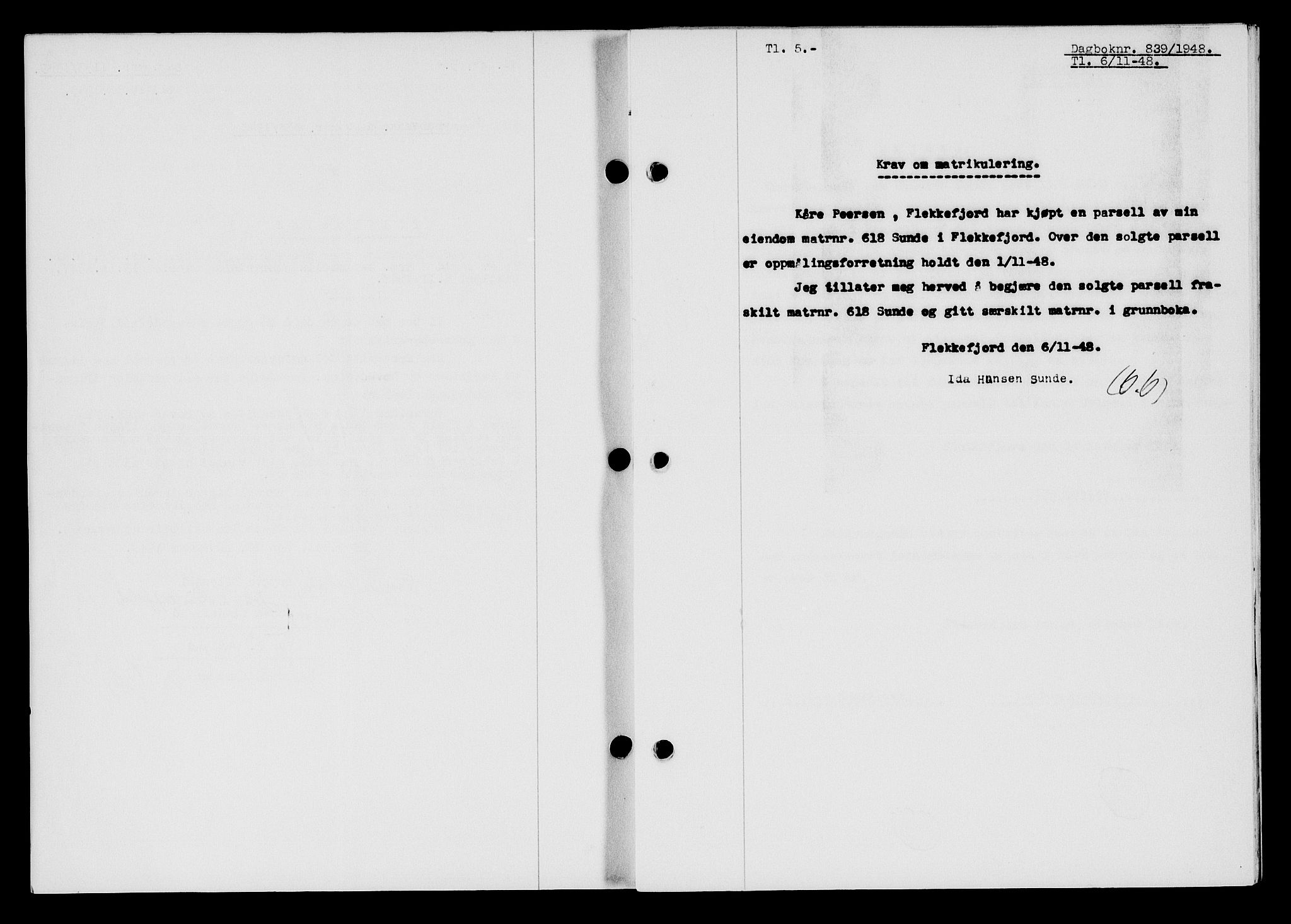 Flekkefjord sorenskriveri, AV/SAK-1221-0001/G/Gb/Gba/L0064: Mortgage book no. A-12, 1948-1949, Diary no: : 839/1948