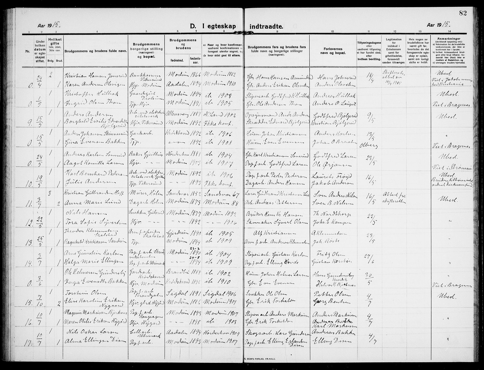 Modum kirkebøker, AV/SAKO-A-234/G/Ga/L0010: Parish register (copy) no. I 10, 1909-1923, p. 82