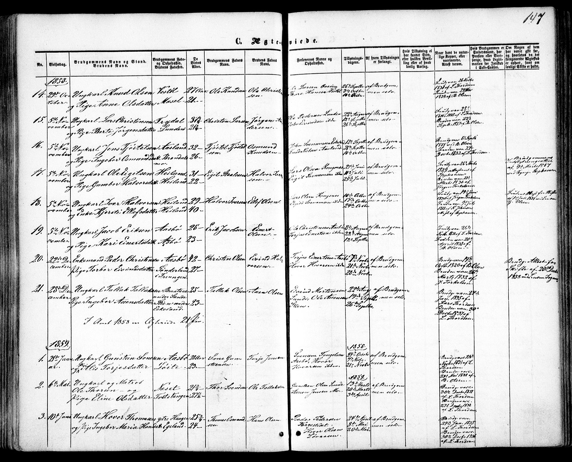 Gjerstad sokneprestkontor, SAK/1111-0014/F/Fa/Faa/L0007: Parish register (official) no. A 7, 1858-1875, p. 147