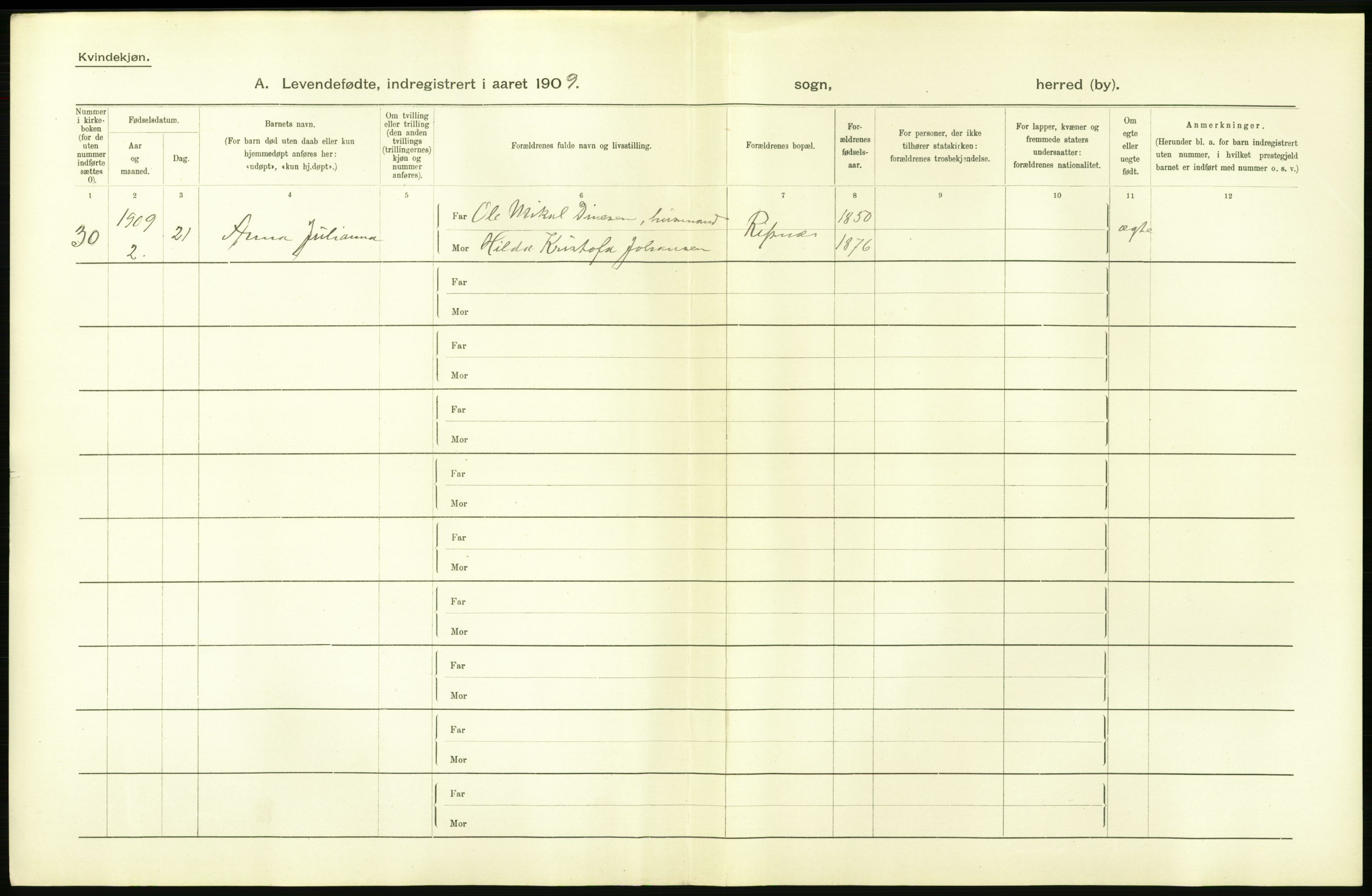 Statistisk sentralbyrå, Sosiodemografiske emner, Befolkning, AV/RA-S-2228/D/Df/Dfa/Dfag/L0044: Nordlands amt: Levendefødte menn og kvinner. Bygder., 1909, p. 48