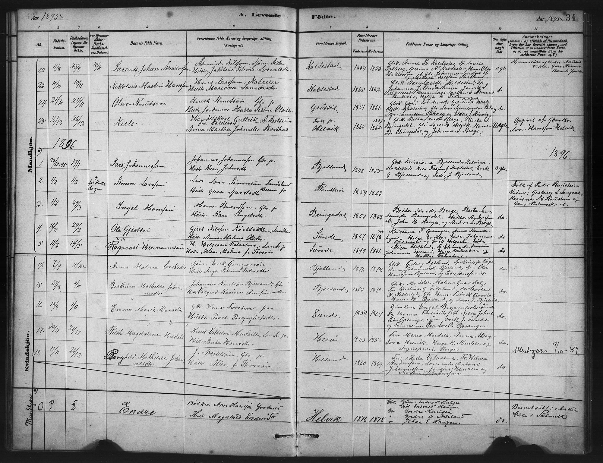 Husnes Sokneprestembete, SAB/A-75901/H/Hab: Parish register (copy) no. A 2, 1881-1917, p. 34