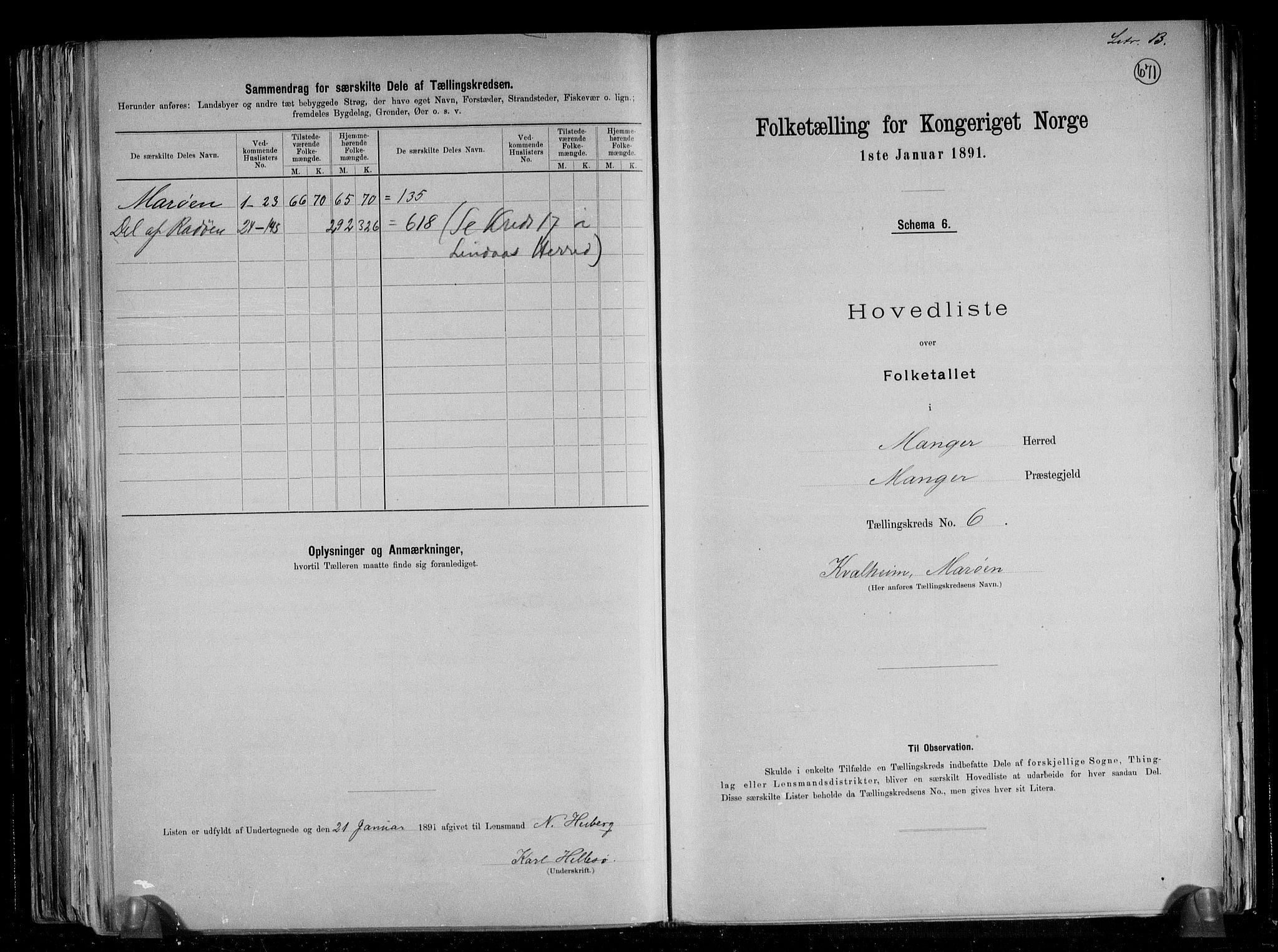 RA, 1891 census for 1261 Manger, 1891, p. 22