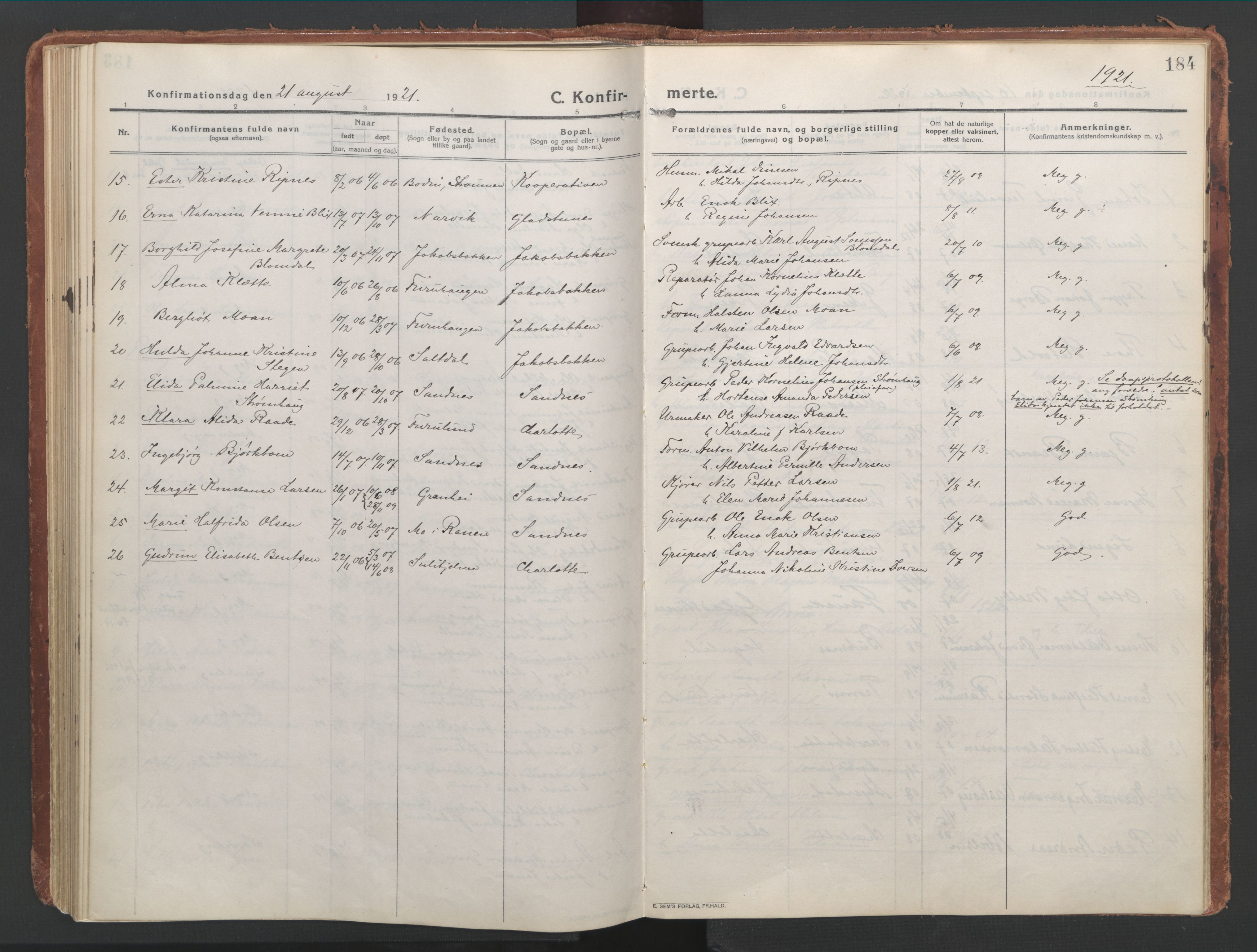 Ministerialprotokoller, klokkerbøker og fødselsregistre - Nordland, AV/SAT-A-1459/850/L0715: Curate's parish register no. 850B05, 1913-1924, p. 184