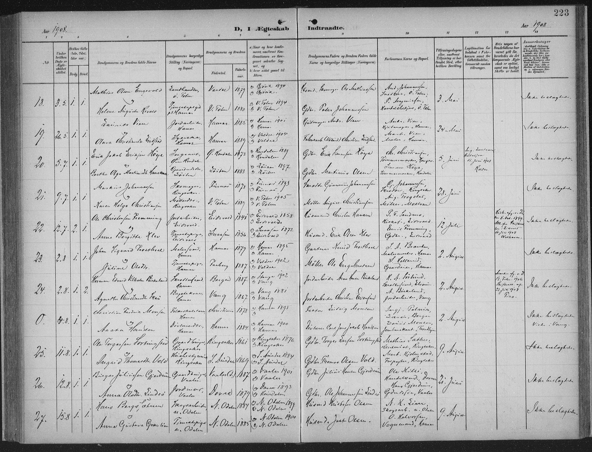 Hamar prestekontor, AV/SAH-DOMPH-002/H/Ha/Haa/L0001: Parish register (official) no. 1, 1900-1914, p. 223