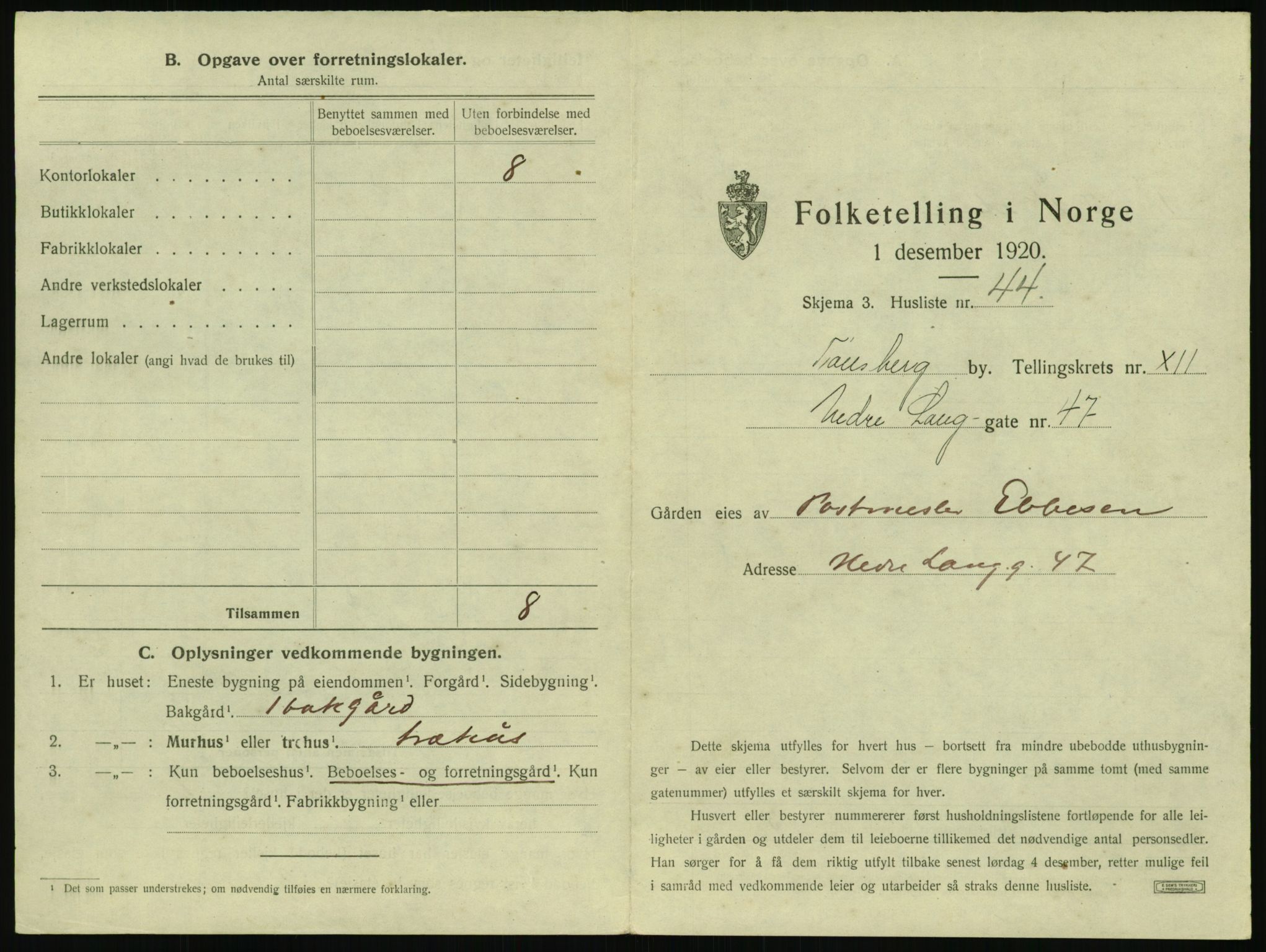 SAKO, 1920 census for Tønsberg, 1920, p. 1343