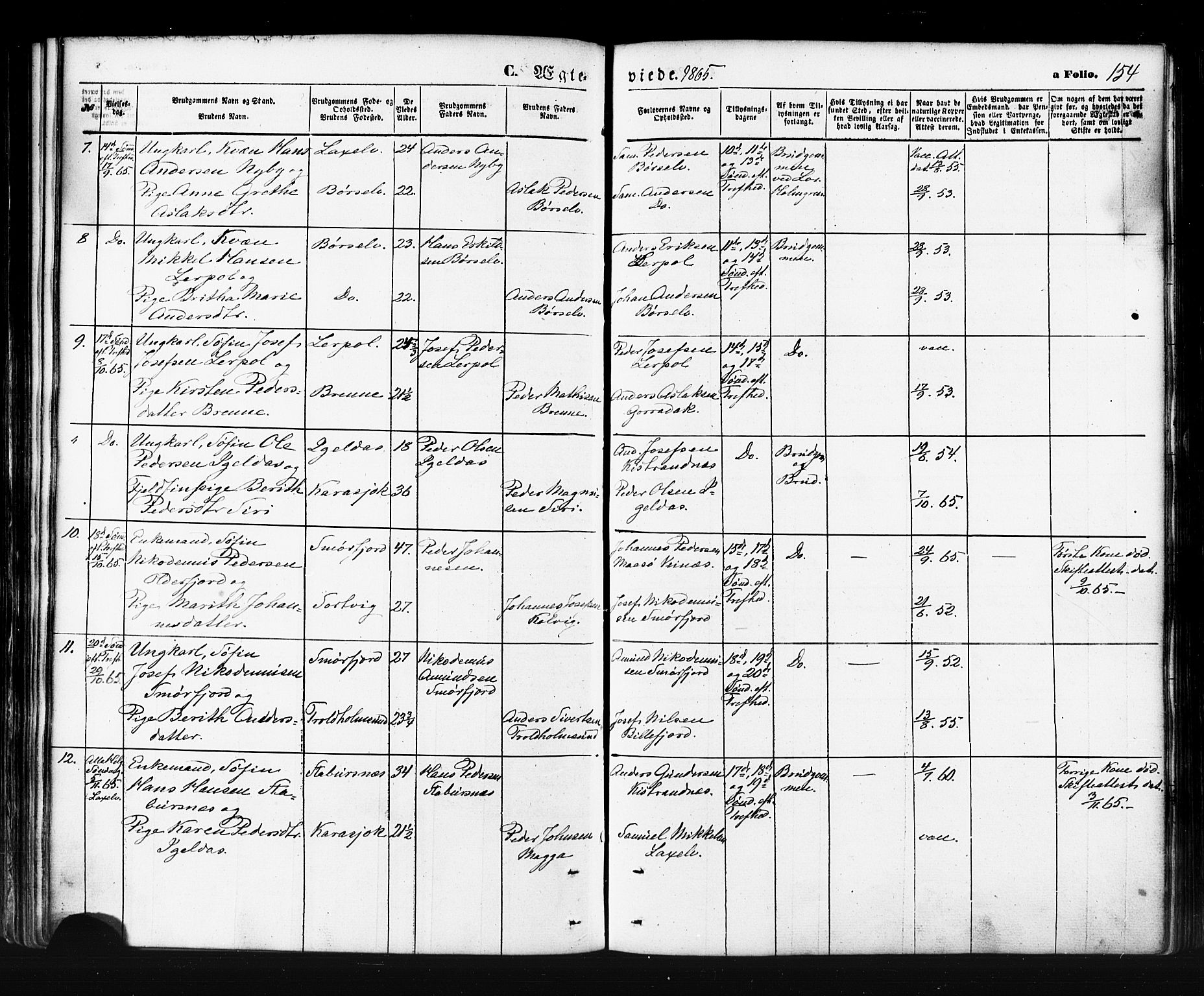 Kistrand/Porsanger sokneprestembete, AV/SATØ-S-1351/H/Ha/L0005.kirke: Parish register (official) no. 5, 1860-1874, p. 154