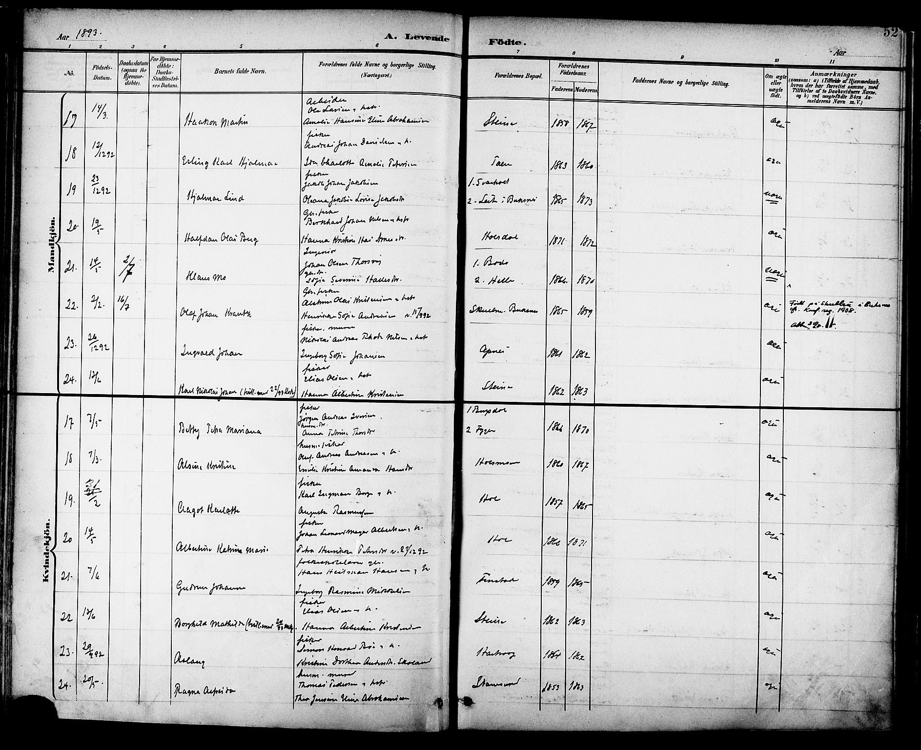 Ministerialprotokoller, klokkerbøker og fødselsregistre - Nordland, AV/SAT-A-1459/882/L1179: Parish register (official) no. 882A01, 1886-1898, p. 52