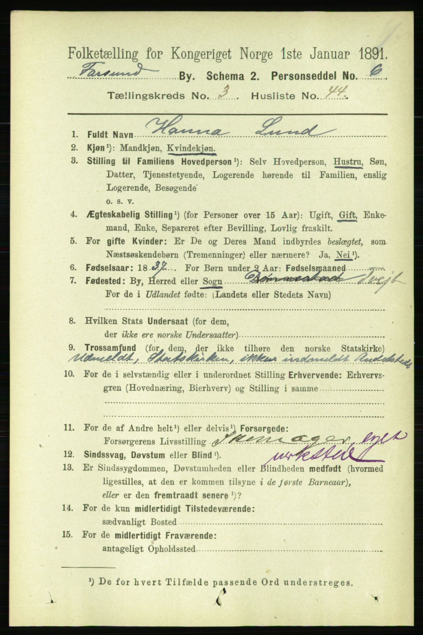 RA, 1891 census for 1003 Farsund, 1891, p. 1639