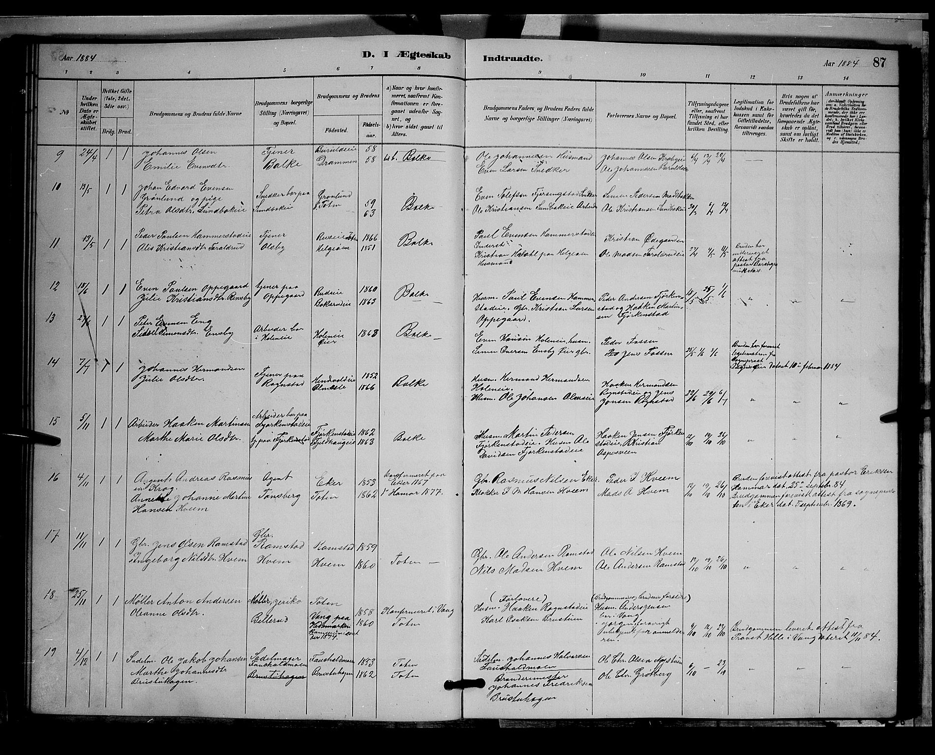 Østre Toten prestekontor, AV/SAH-PREST-104/H/Ha/Hab/L0005: Parish register (copy) no. 5, 1884-1893, p. 87