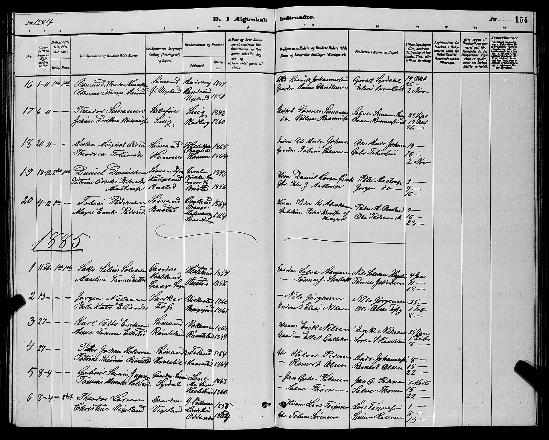 Sør-Audnedal sokneprestkontor, AV/SAK-1111-0039/F/Fb/Fbb/L0005: Parish register (copy) no. B 5, 1880-1892, p. 154