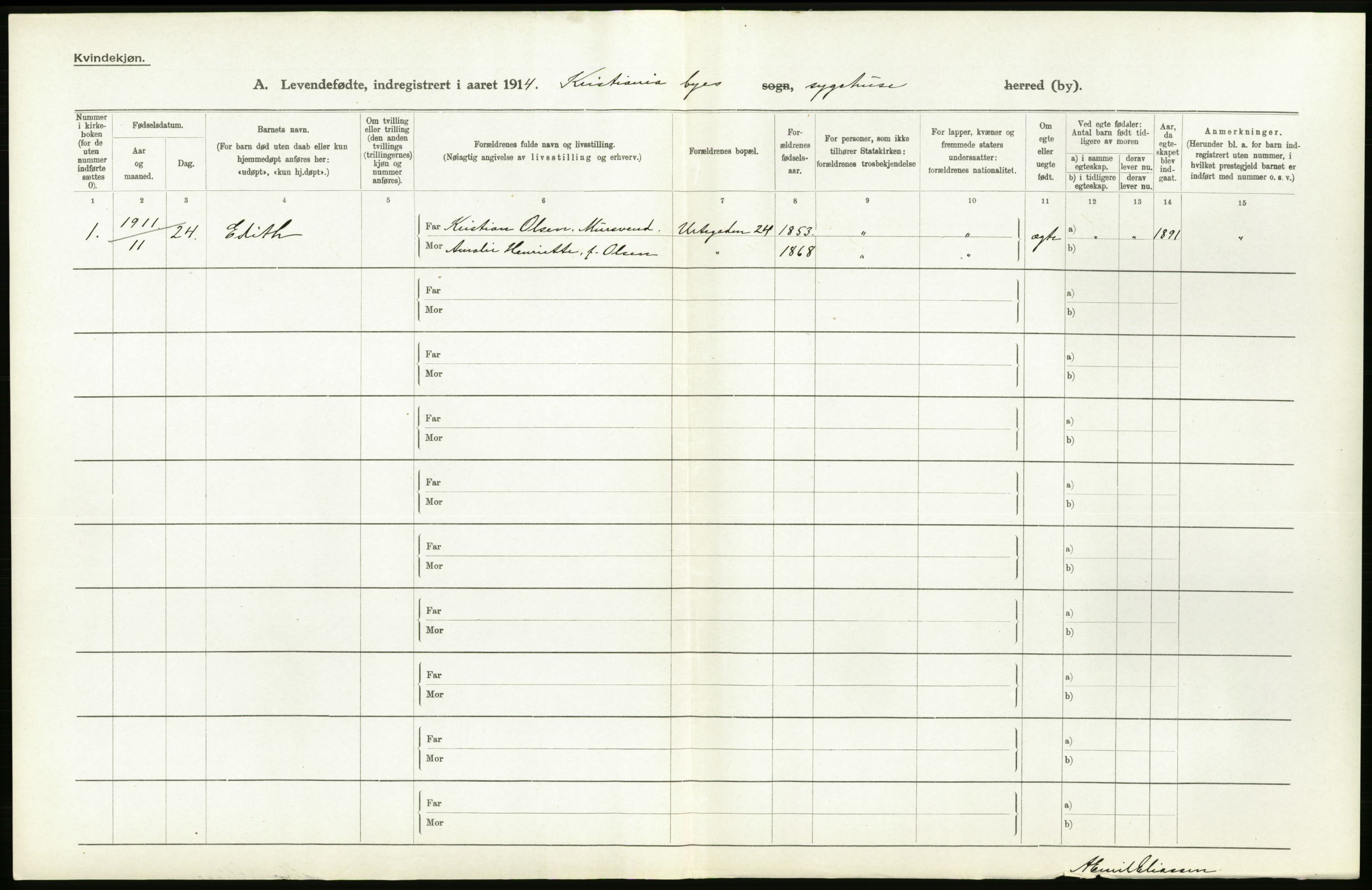 Statistisk sentralbyrå, Sosiodemografiske emner, Befolkning, RA/S-2228/D/Df/Dfb/Dfbd/L0005: Kristiania: Levendefødte menn og kvinner., 1914, p. 476