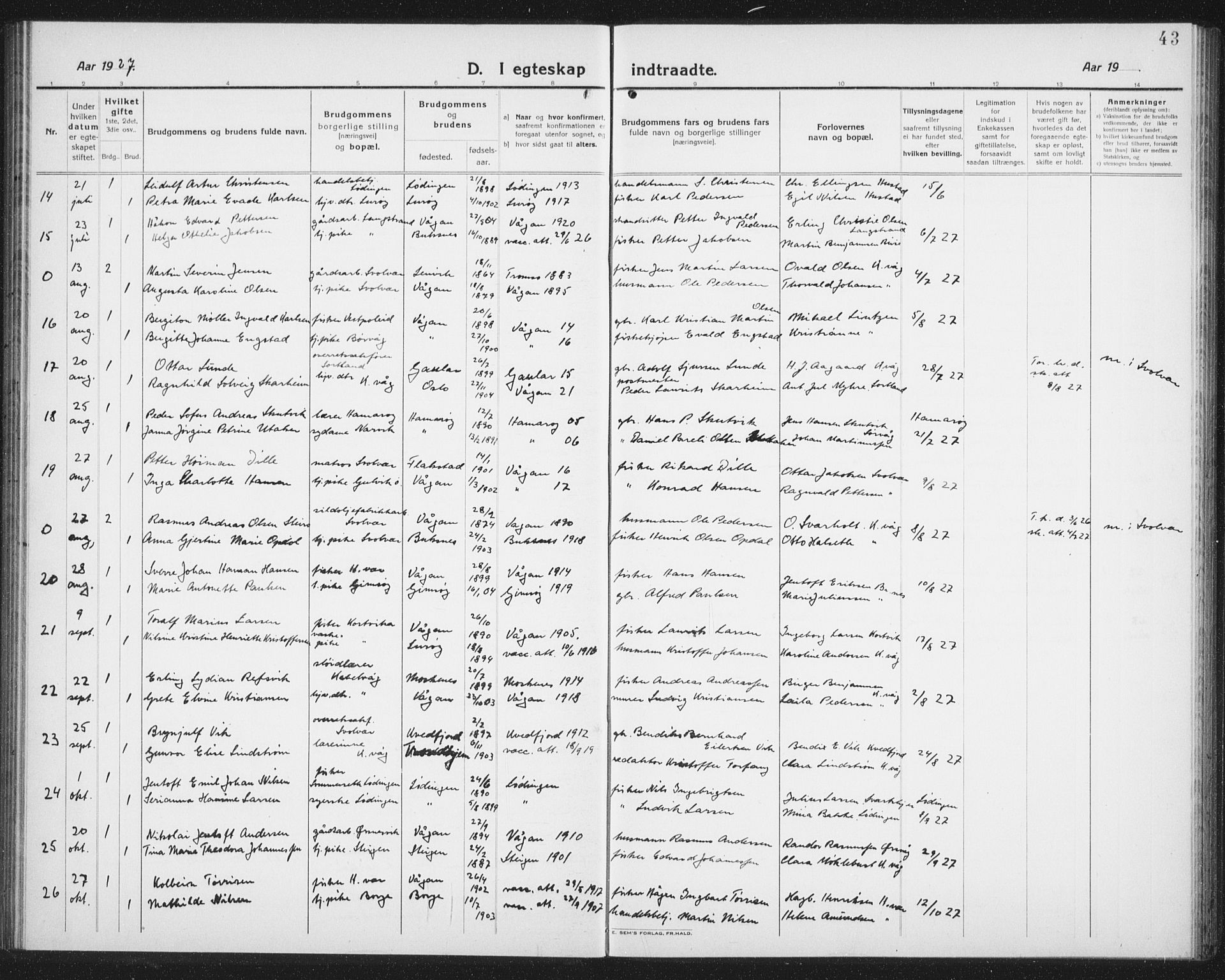 Ministerialprotokoller, klokkerbøker og fødselsregistre - Nordland, AV/SAT-A-1459/874/L1082: Parish register (copy) no. 874C11, 1920-1939, p. 43