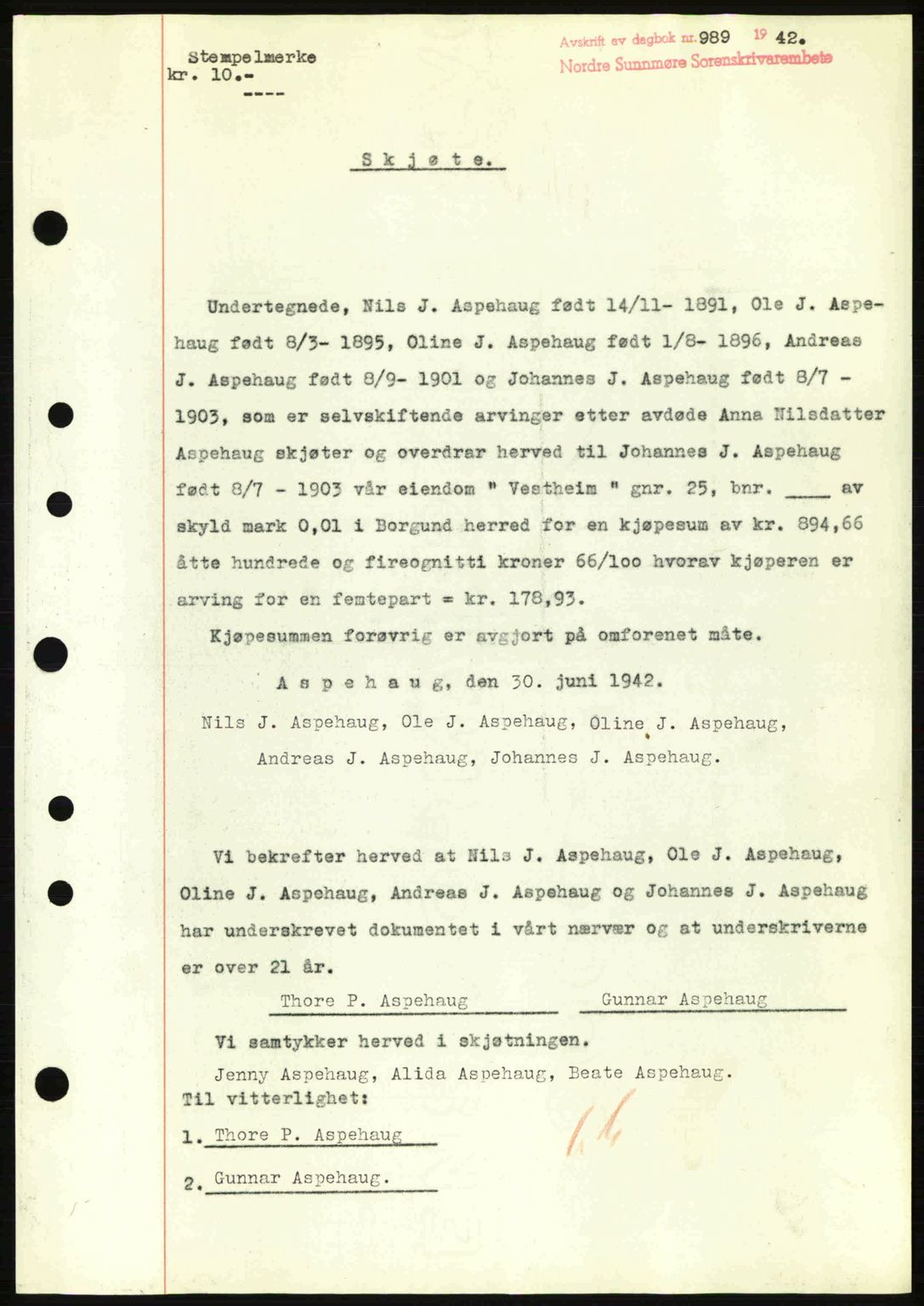 Nordre Sunnmøre sorenskriveri, AV/SAT-A-0006/1/2/2C/2Ca: Mortgage book no. A13, 1942-1942, Diary no: : 989/1942