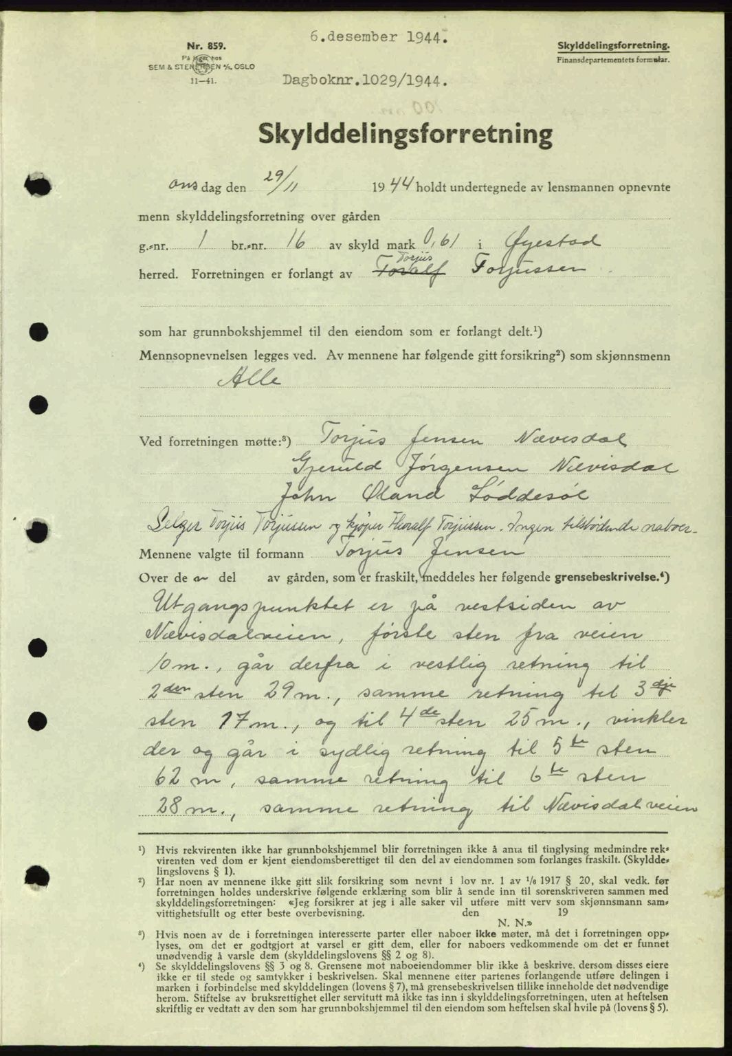 Nedenes sorenskriveri, AV/SAK-1221-0006/G/Gb/Gba/L0052: Mortgage book no. A6a, 1944-1945, Diary no: : 1029/1944