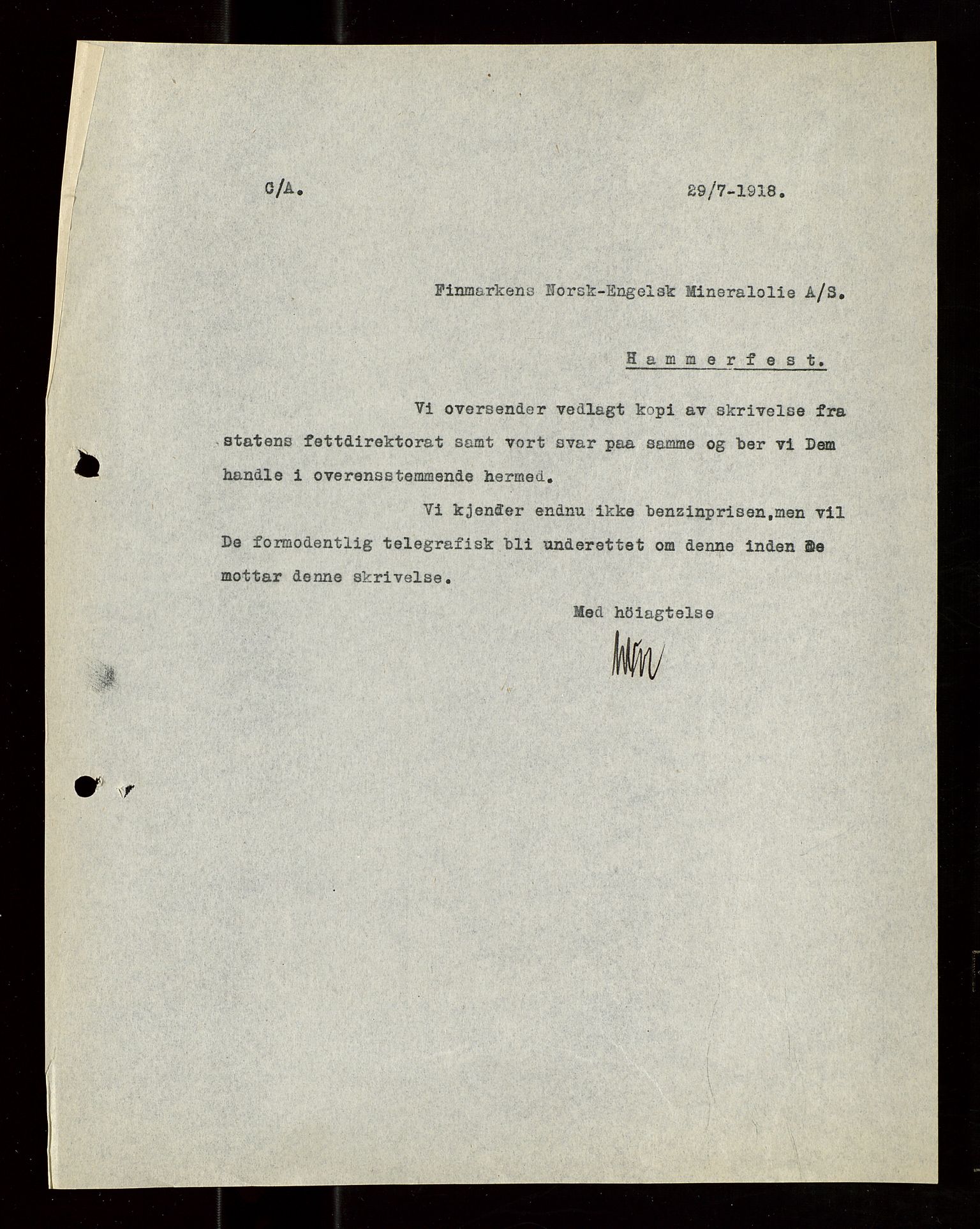 Pa 1521 - A/S Norske Shell, AV/SAST-A-101915/E/Ea/Eaa/L0021: Sjefskorrespondanse, 1918, p. 263