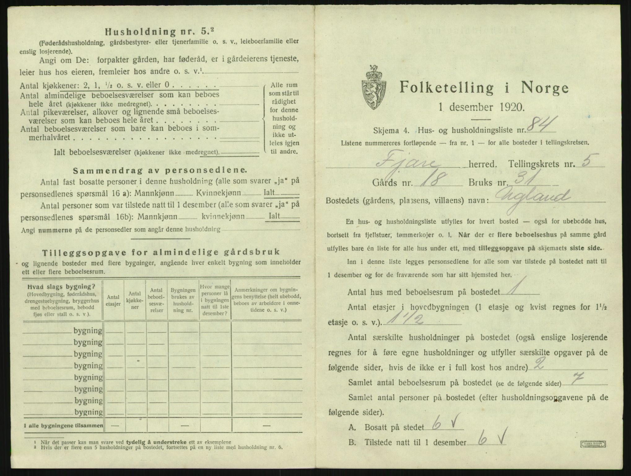 SAK, 1920 census for Fjære, 1920, p. 1179