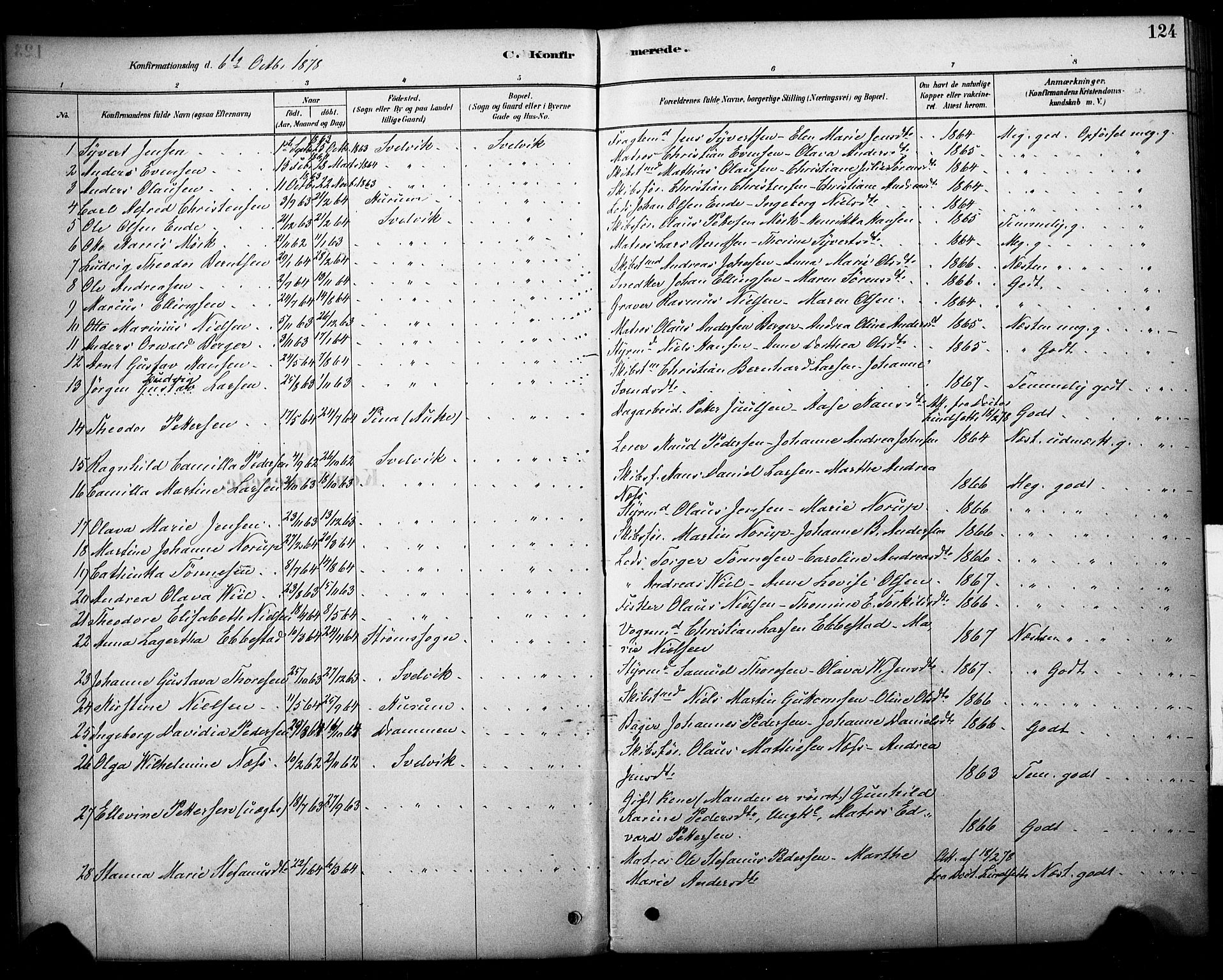 Strømm kirkebøker, AV/SAKO-A-322/F/Fb/L0001: Parish register (official) no. II 1, 1878-1899, p. 124
