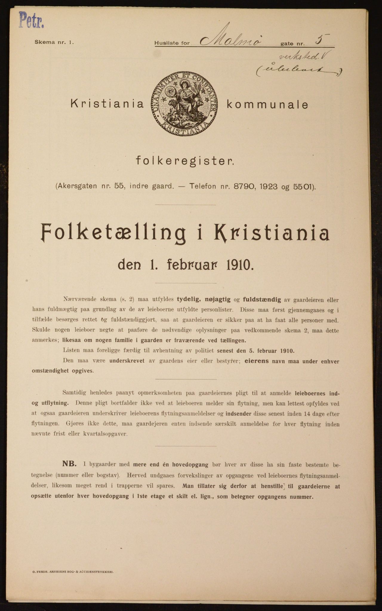 OBA, Municipal Census 1910 for Kristiania, 1910, p. 58007