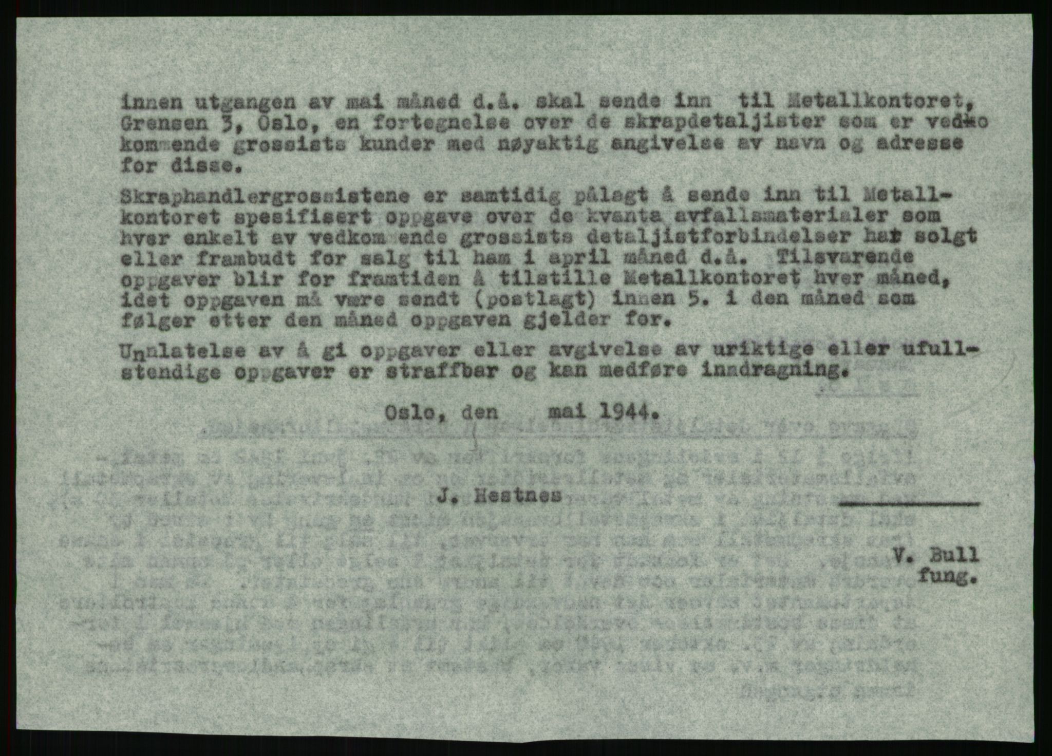 Direktoratet for industriforsyning, Sekretariatet, AV/RA-S-4153/D/Df/L0054: 9. Metallkontoret, 1940-1945, p. 1820