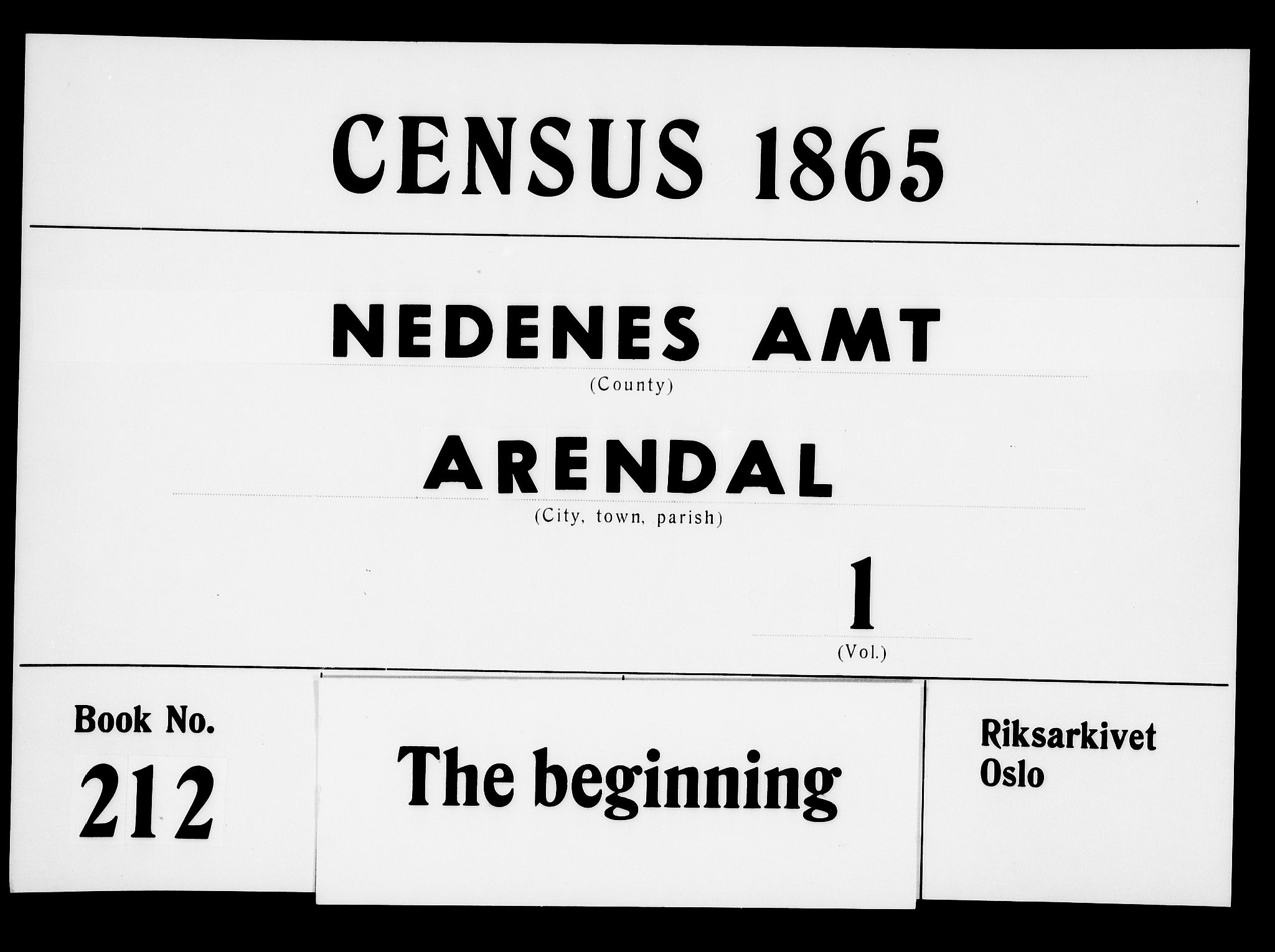 RA, 1865 census for Arendal, 1865, p. 1