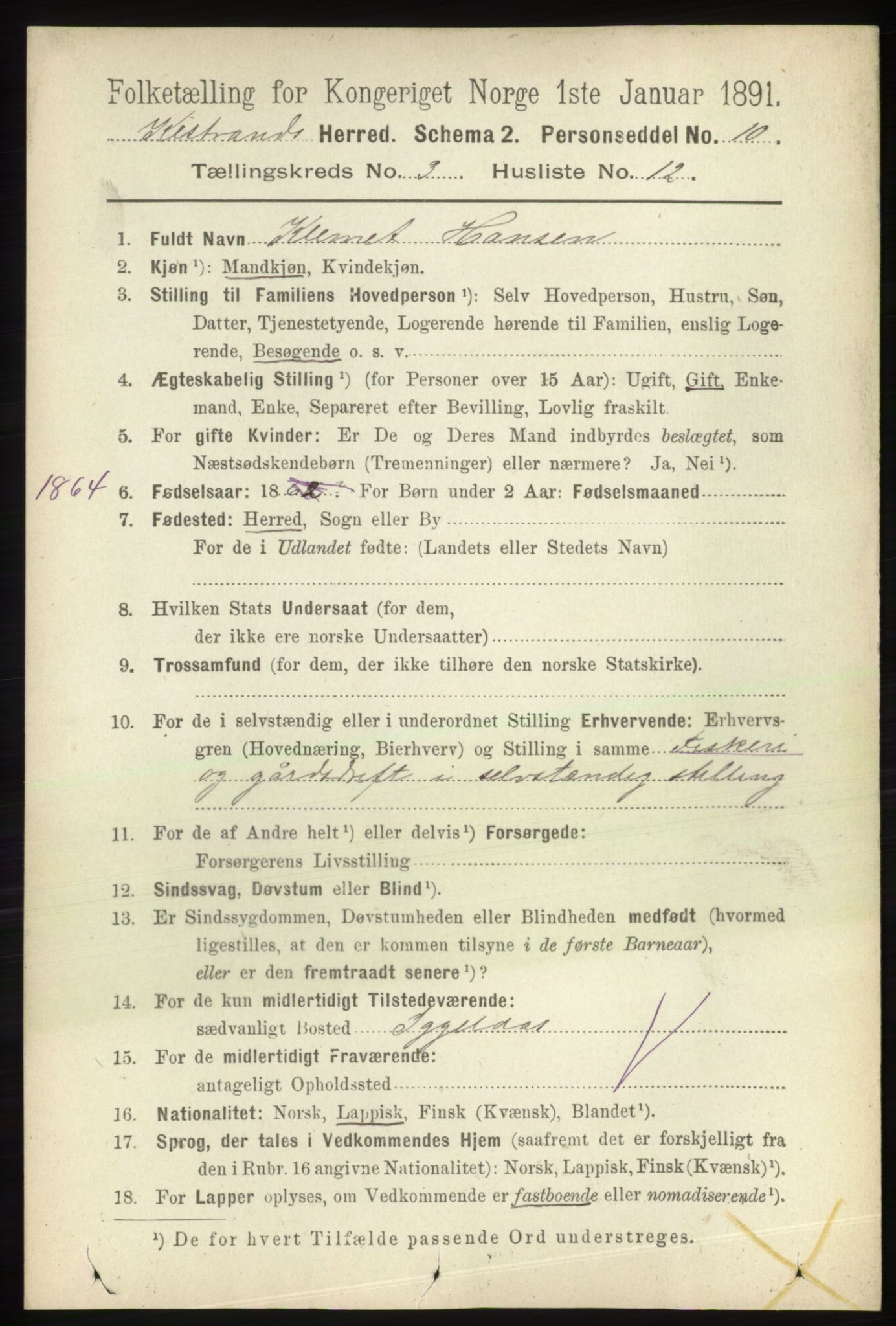 RA, 1891 census for 2020 Kistrand, 1891, p. 1355