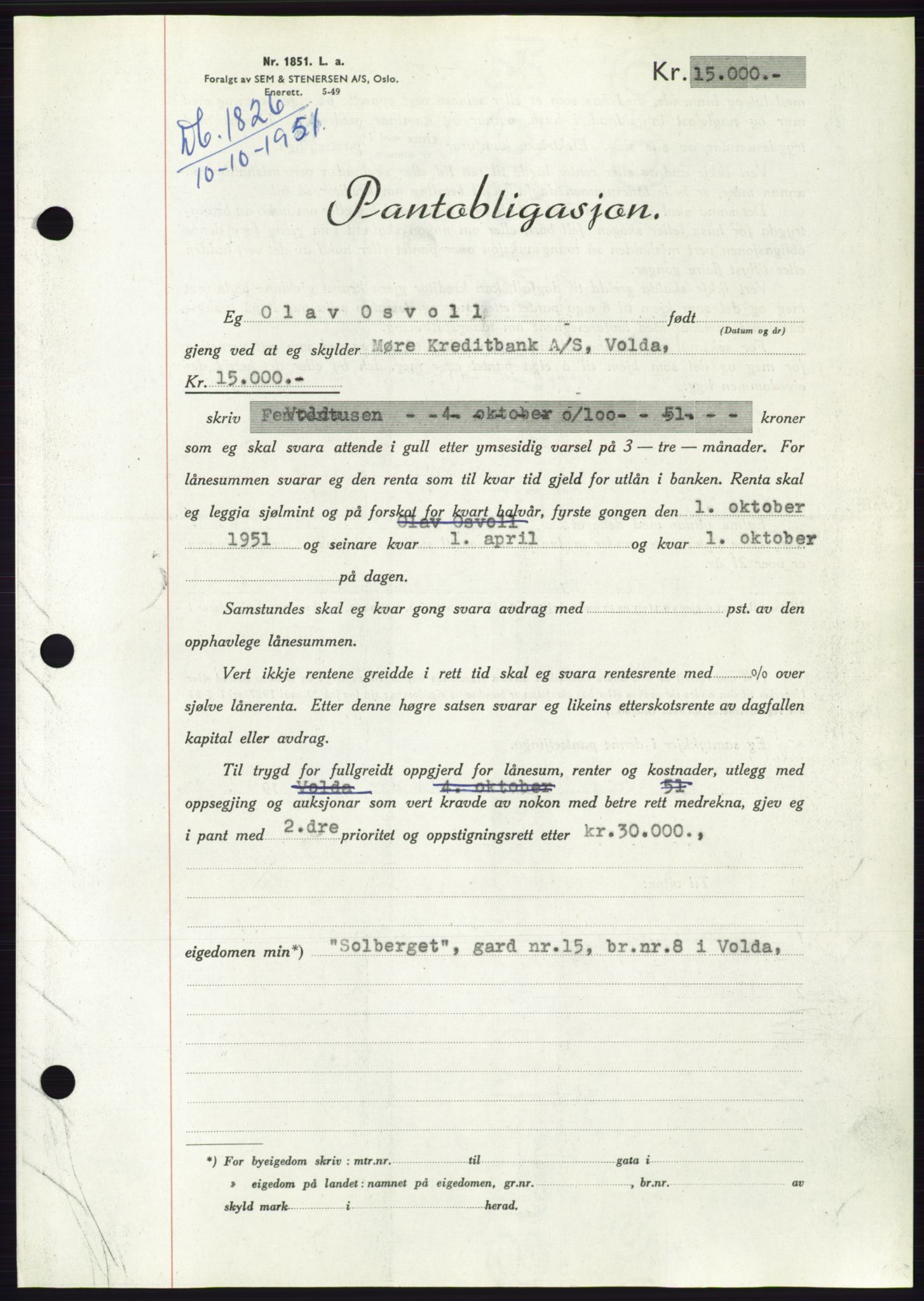 Søre Sunnmøre sorenskriveri, AV/SAT-A-4122/1/2/2C/L0120: Mortgage book no. 8B, 1951-1951, Diary no: : 1826/1951