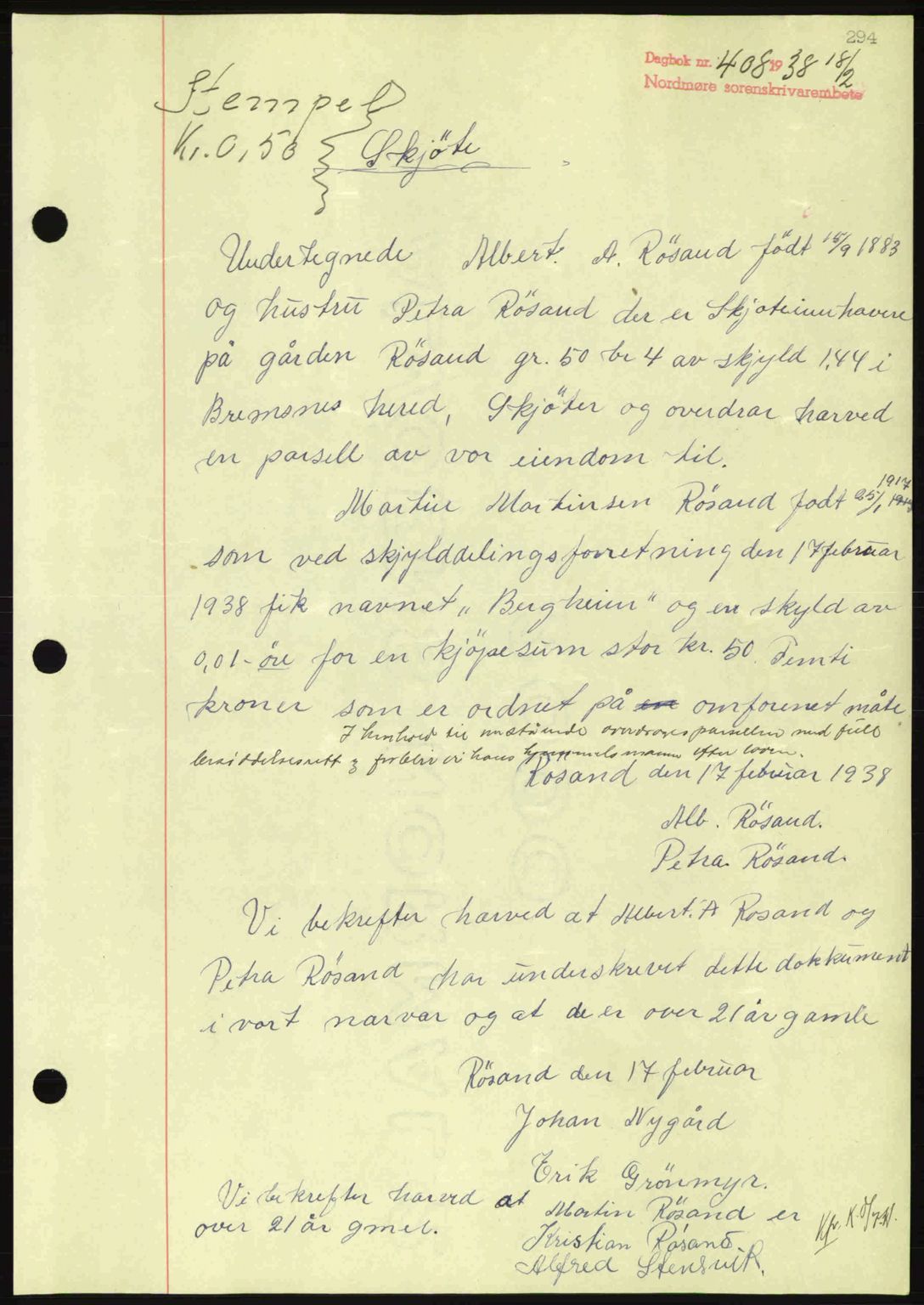 Nordmøre sorenskriveri, AV/SAT-A-4132/1/2/2Ca: Mortgage book no. A83, 1938-1938, Diary no: : 408/1938