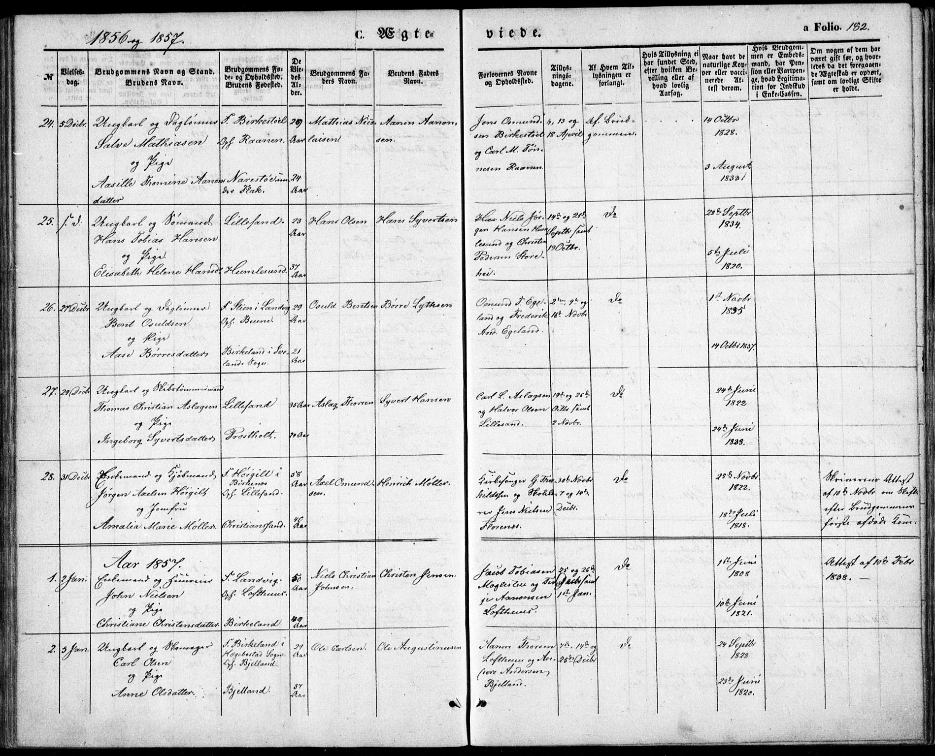 Vestre Moland sokneprestkontor, SAK/1111-0046/F/Fb/Fbb/L0003: Parish register (copy) no. B 3, 1851-1861, p. 182