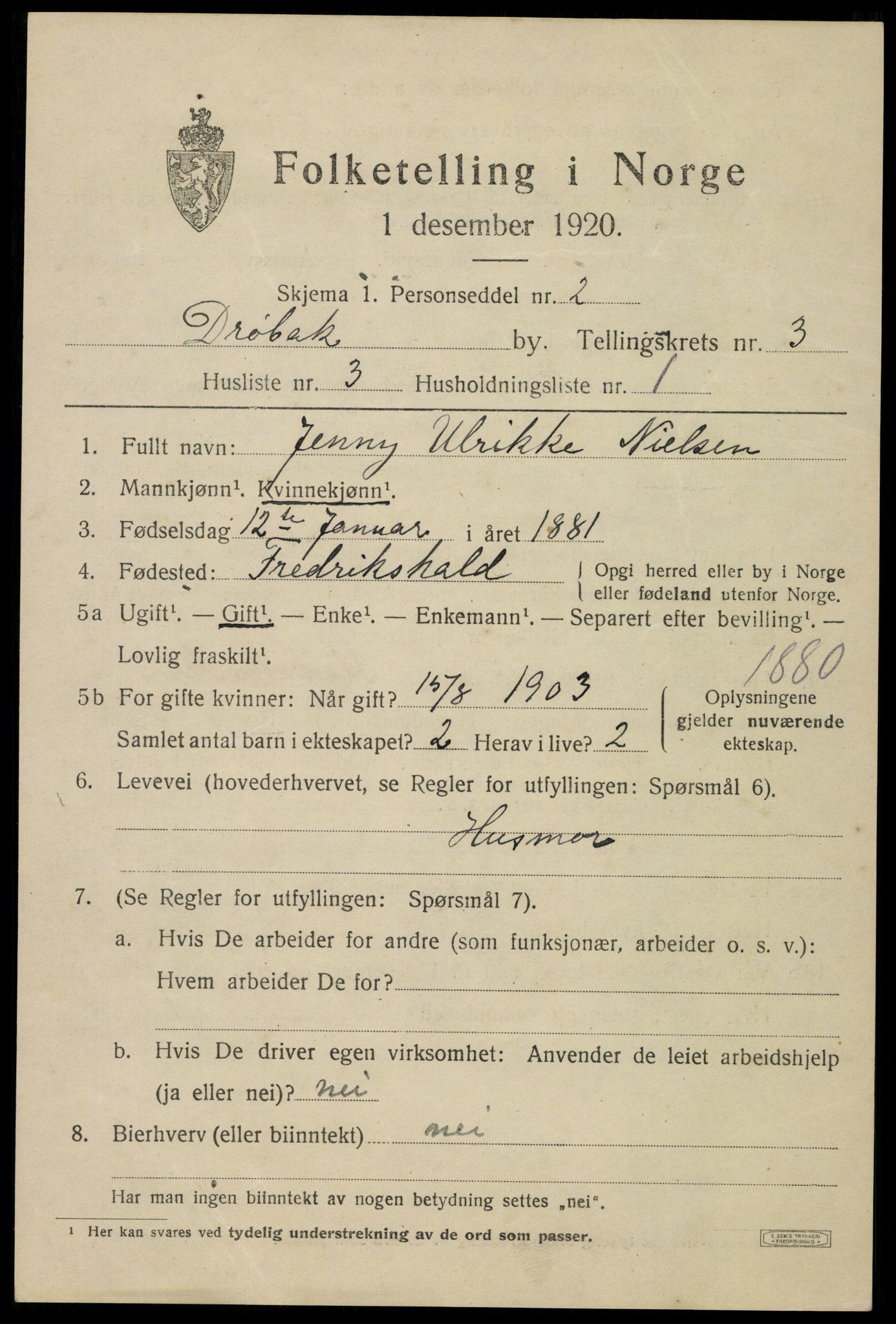 SAO, 1920 census for Drøbak, 1920, p. 3405