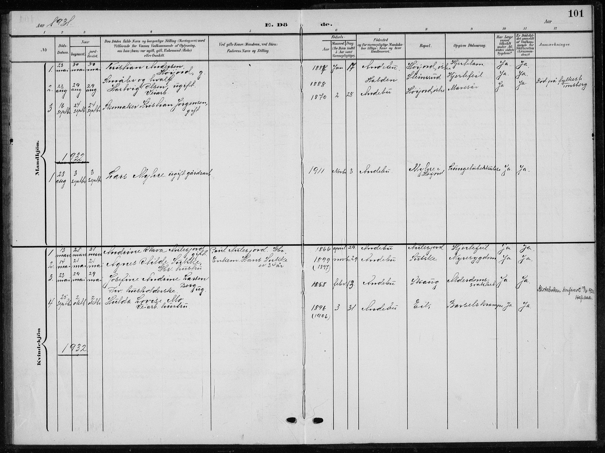 Andebu kirkebøker, AV/SAKO-A-336/G/Gb/L0001: Parish register (copy) no. II 1, 1901-1936, p. 101