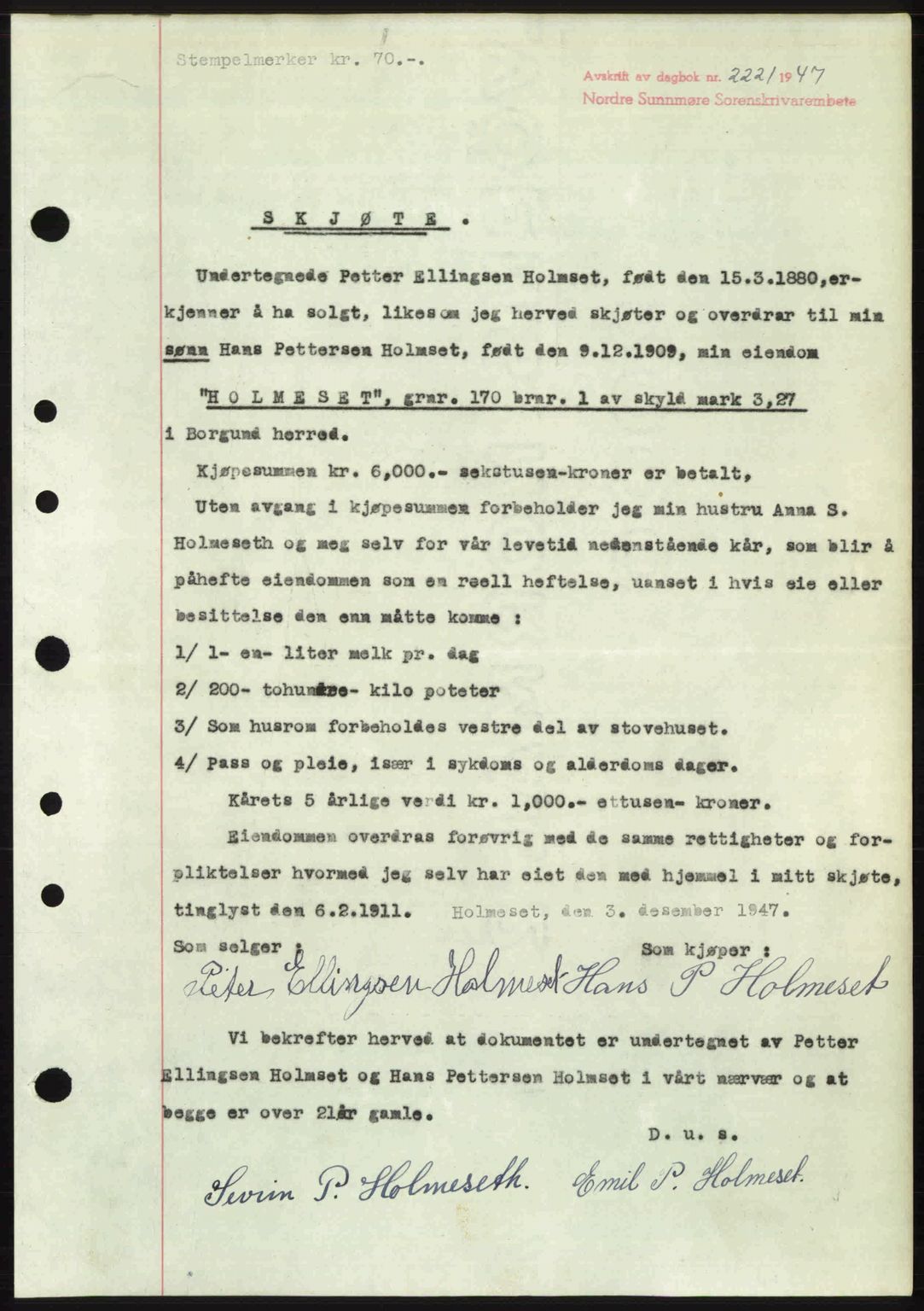 Nordre Sunnmøre sorenskriveri, AV/SAT-A-0006/1/2/2C/2Ca: Mortgage book no. A26, 1947-1948, Diary no: : 2221/1947