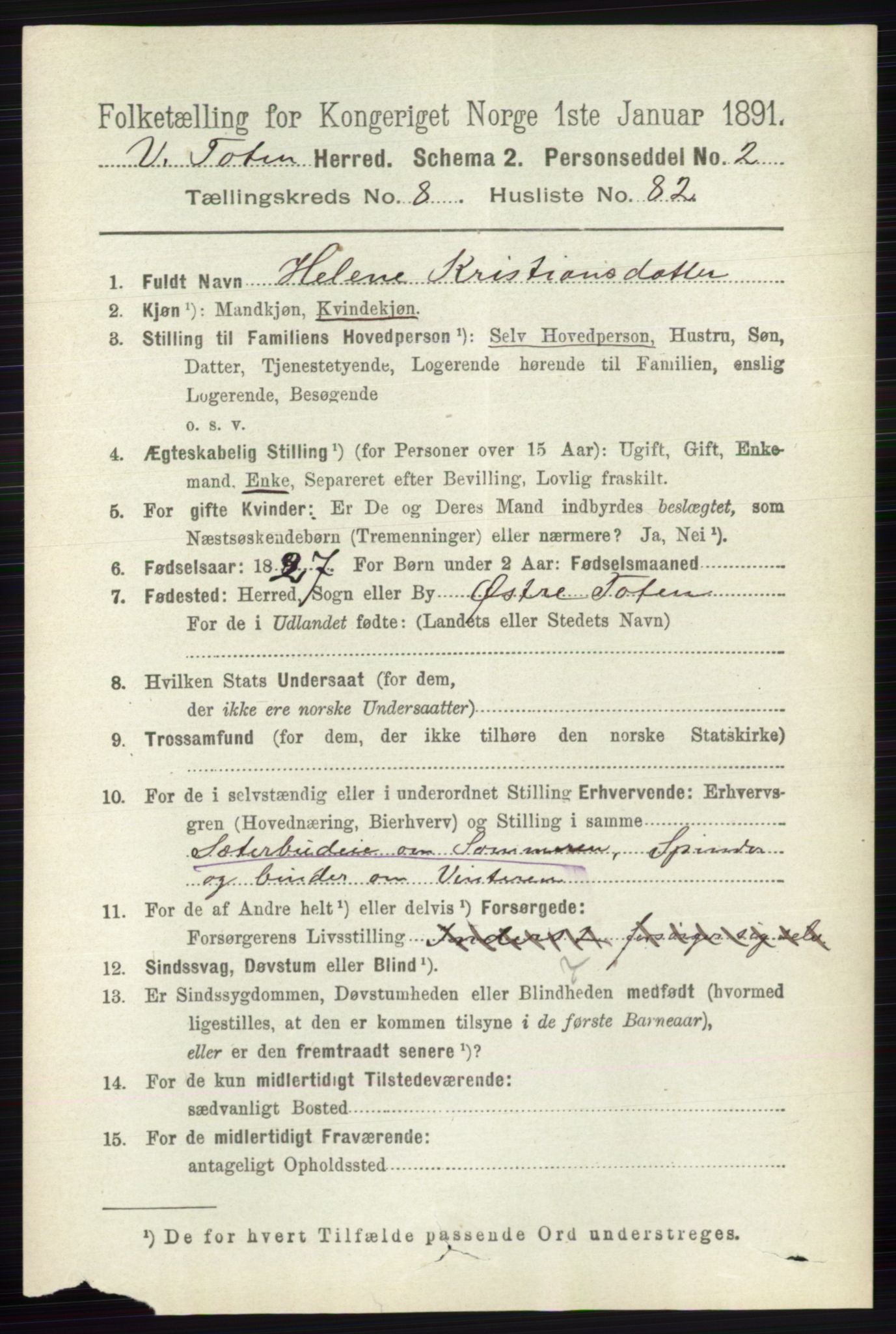 RA, 1891 census for 0529 Vestre Toten, 1891, p. 5449