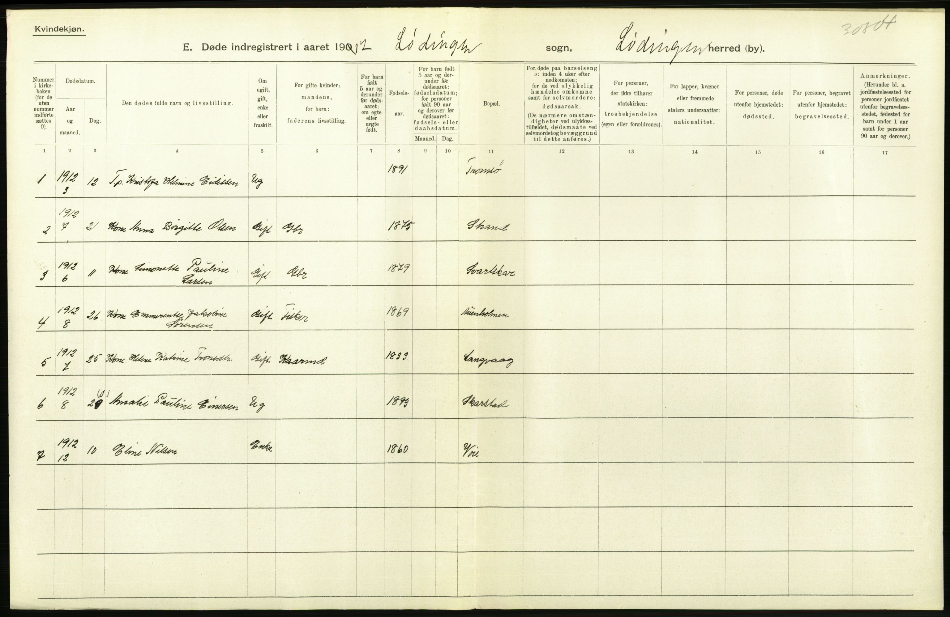 Statistisk sentralbyrå, Sosiodemografiske emner, Befolkning, RA/S-2228/D/Df/Dfb/Dfbb/L0048: Nordlands amt: Døde, dødfødte. Bygder og byer., 1912, p. 34