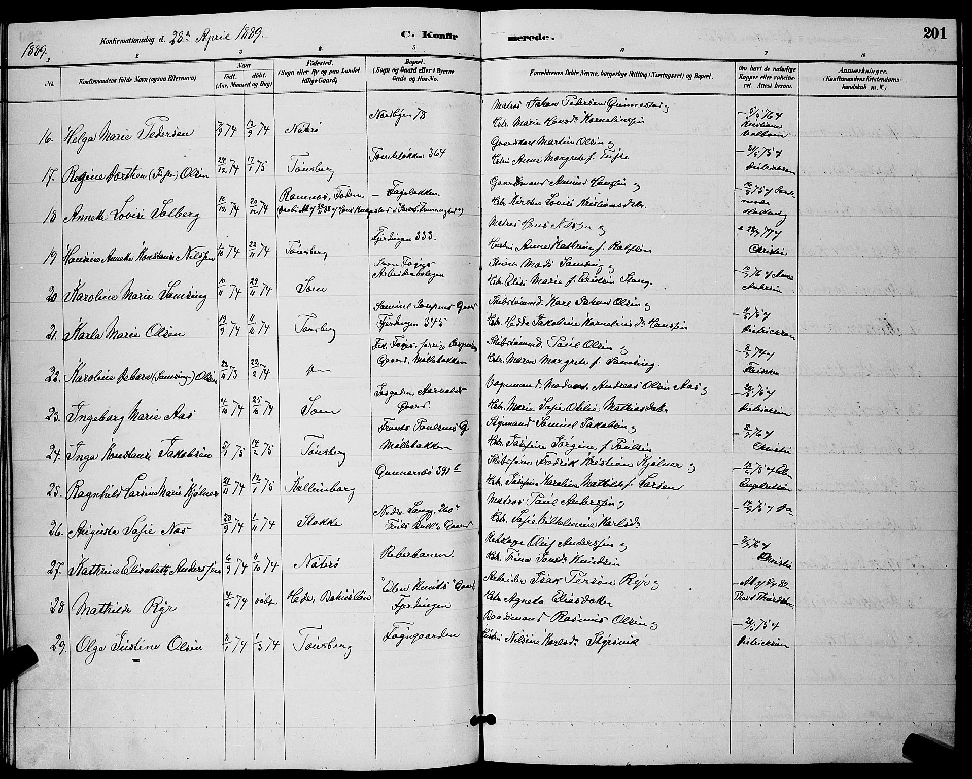 Tønsberg kirkebøker, SAKO/A-330/G/Ga/L0006: Parish register (copy) no. 6, 1885-1895, p. 201
