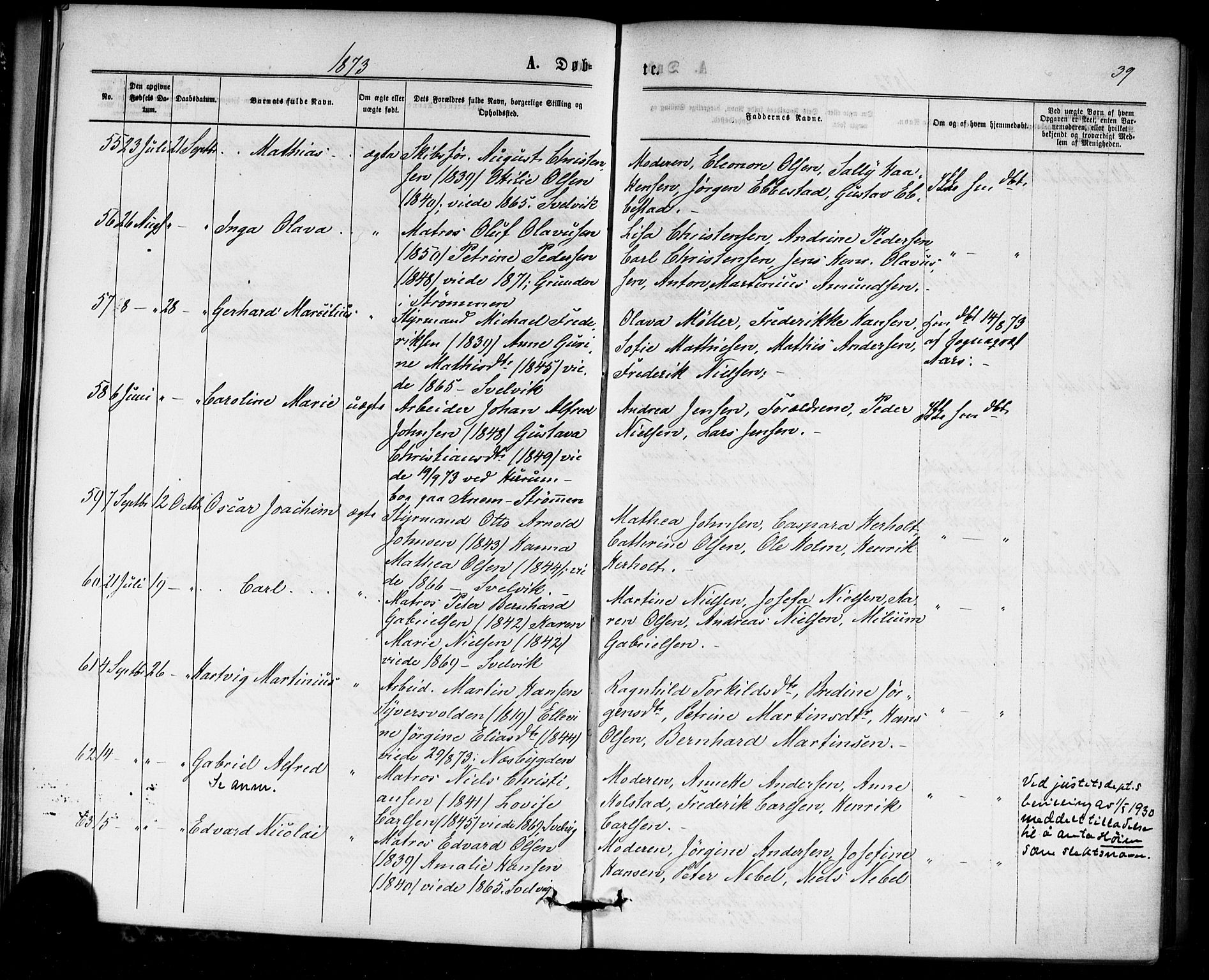 Strømm kirkebøker, AV/SAKO-A-322/F/Fa/L0002: Parish register (official) no. I 2, 1870-1877, p. 39