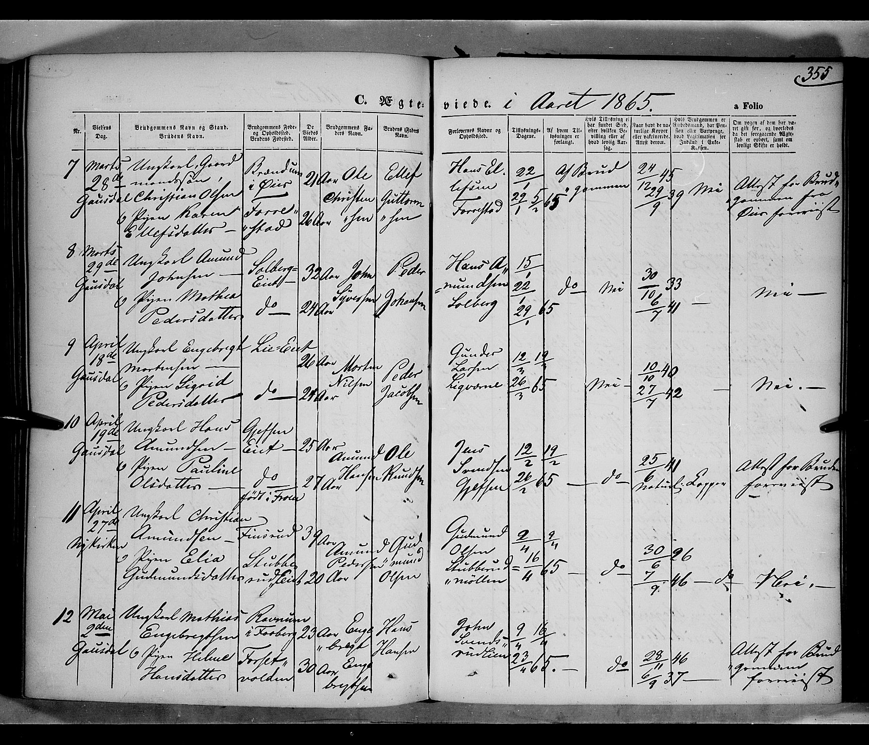 Gausdal prestekontor, SAH/PREST-090/H/Ha/Haa/L0009: Parish register (official) no. 9, 1862-1873, p. 355