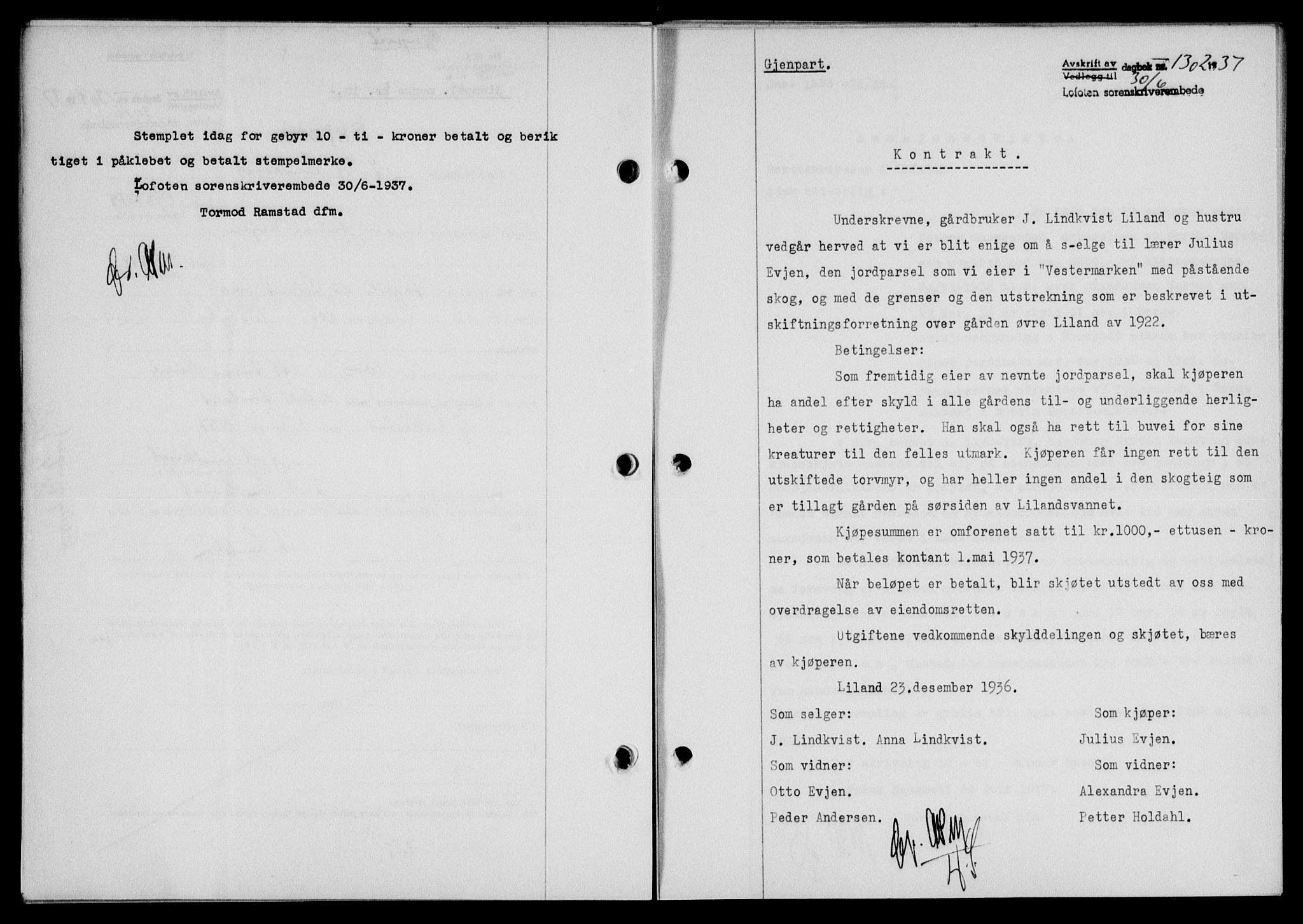 Lofoten sorenskriveri, SAT/A-0017/1/2/2C/L0002a: Mortgage book no. 2a, 1937-1937, Diary no: : 1302/1937