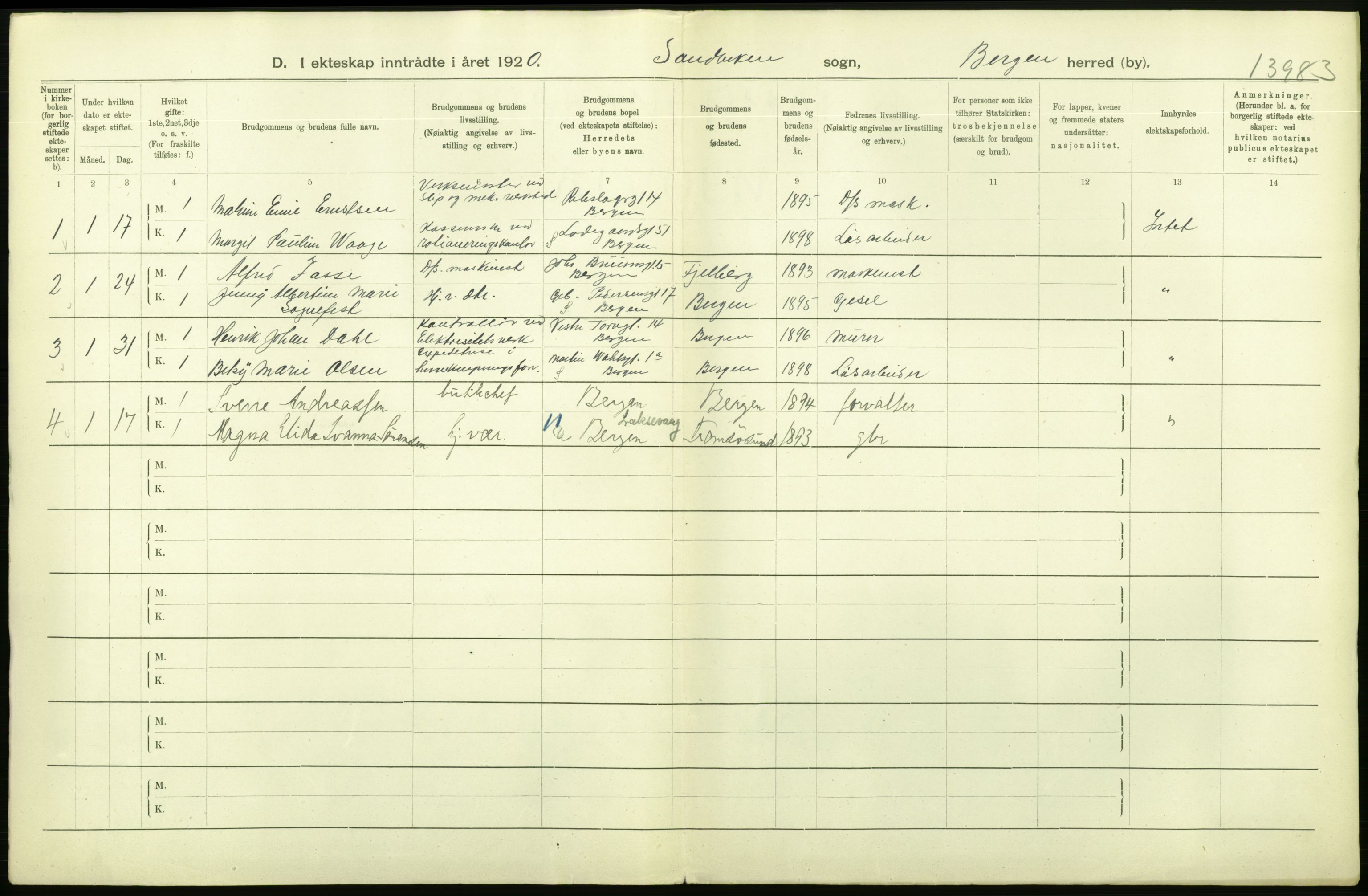 Statistisk sentralbyrå, Sosiodemografiske emner, Befolkning, AV/RA-S-2228/D/Df/Dfb/Dfbj/L0042: Bergen: Gifte, døde, dødfødte., 1920, p. 88