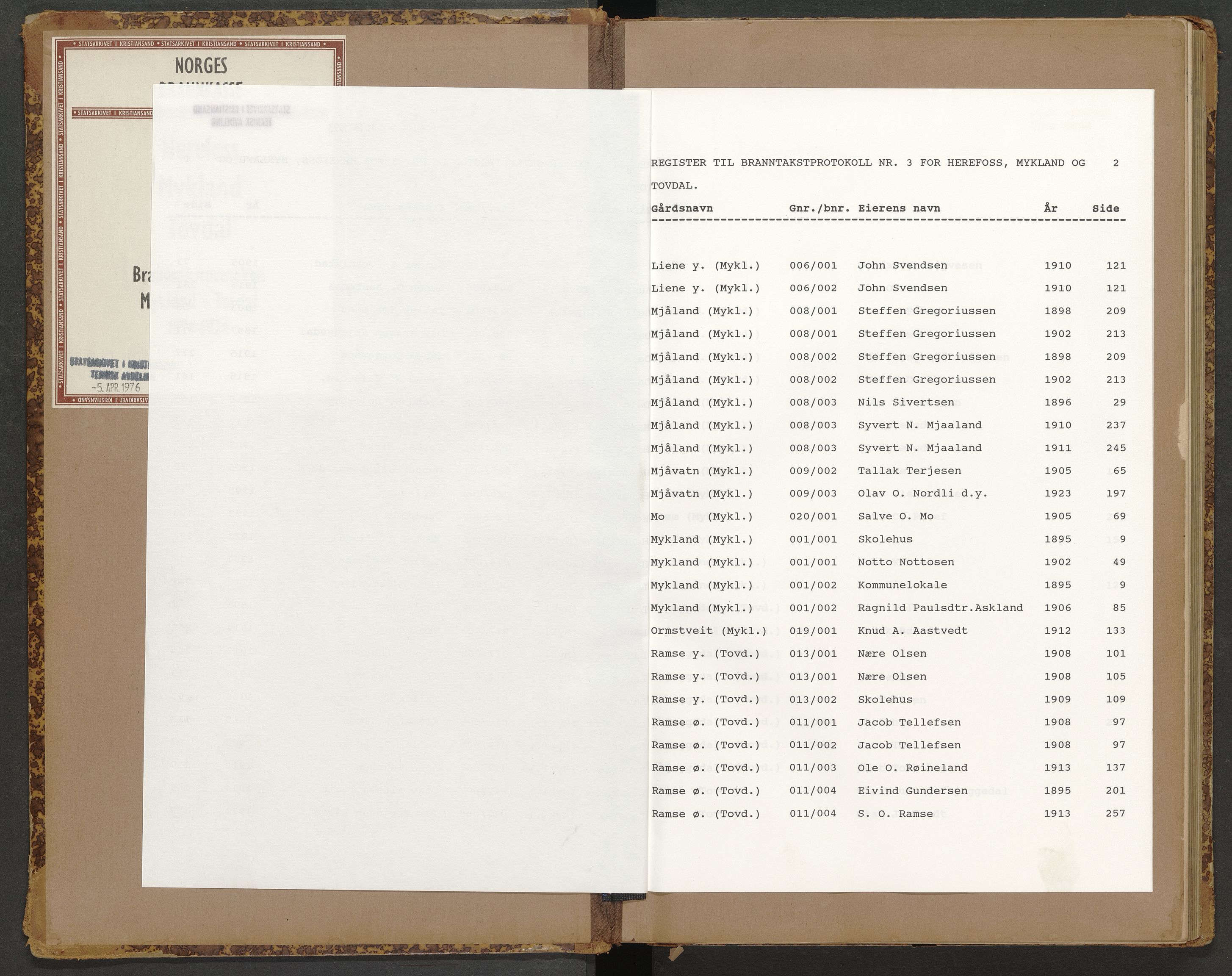 Norges Brannkasse Herefoss, AV/SAK-2241-0022/F/Fa/L0003: Branntakstprotokoll nr. 3 med gårdsnavnregister, 1894-1923