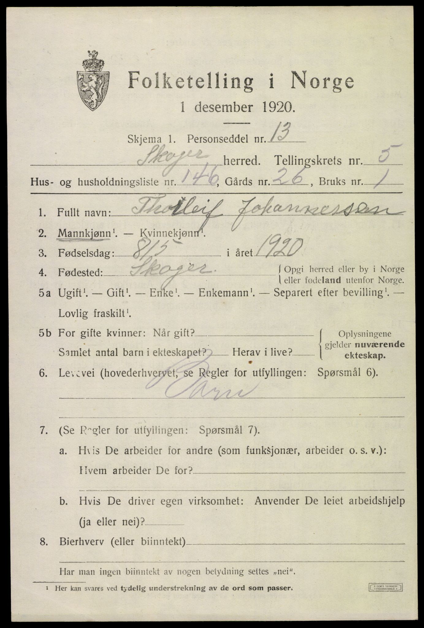 SAKO, 1920 census for Skoger, 1920, p. 13529