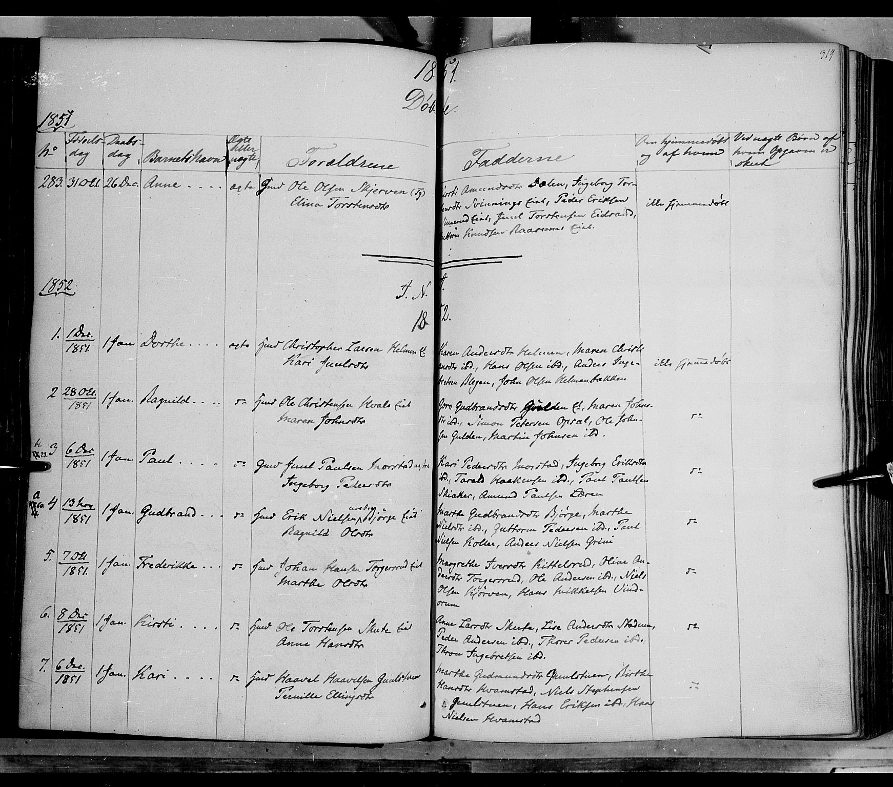 Gran prestekontor, SAH/PREST-112/H/Ha/Haa/L0011: Parish register (official) no. 11, 1842-1856, p. 318-319