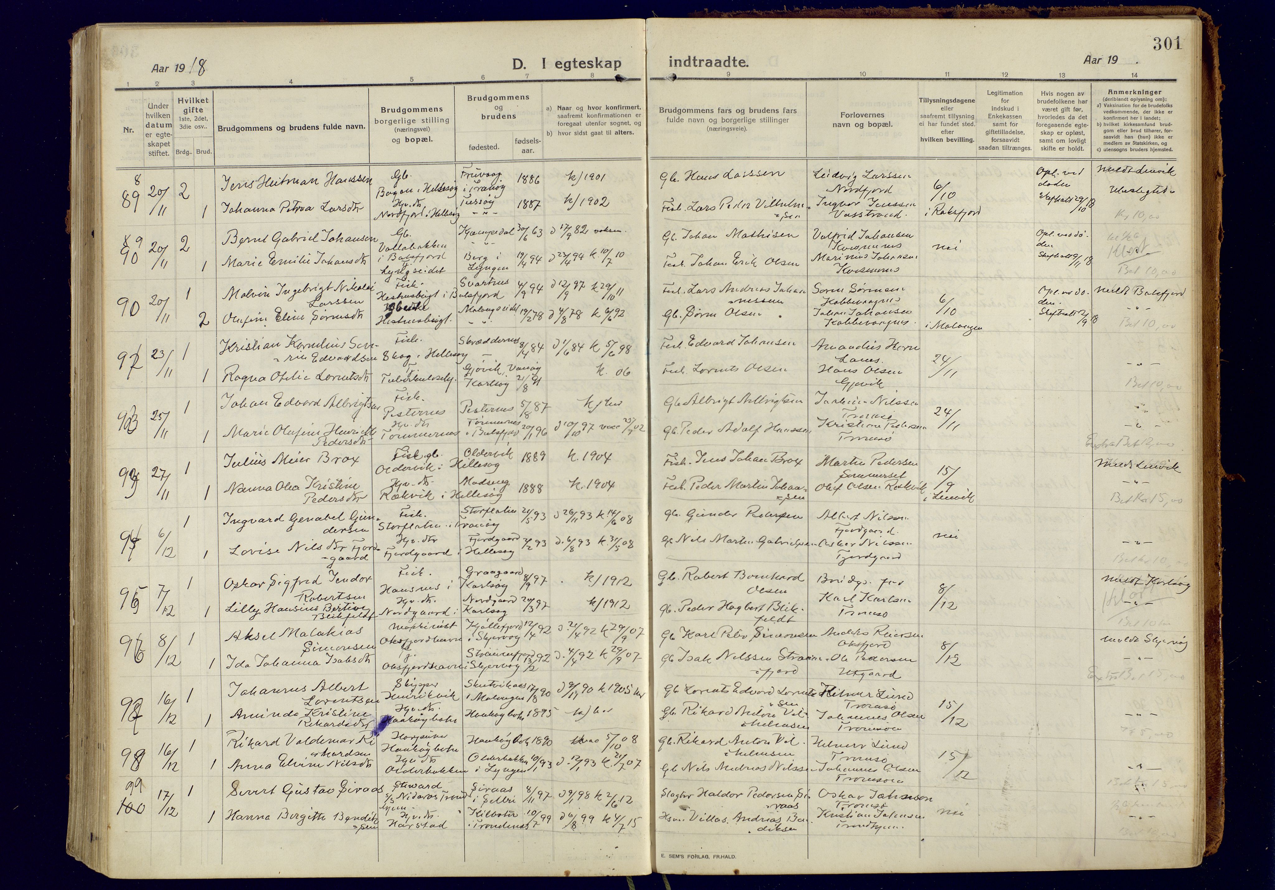 Tromsøysund sokneprestkontor, AV/SATØ-S-1304/G/Ga/L0008kirke: Parish register (official) no. 8, 1914-1922, p. 301