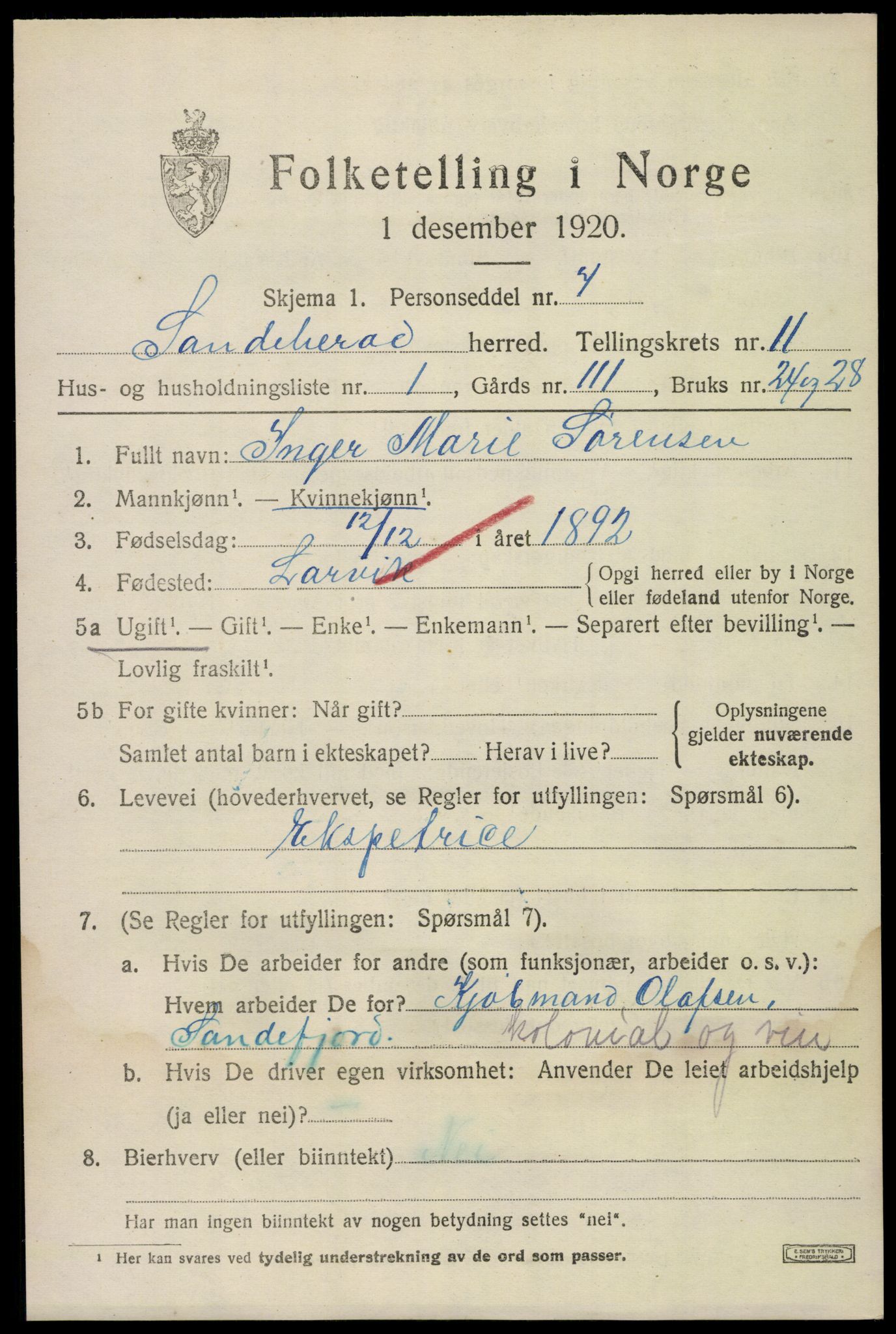 SAKO, 1920 census for Sandeherred, 1920, p. 15554