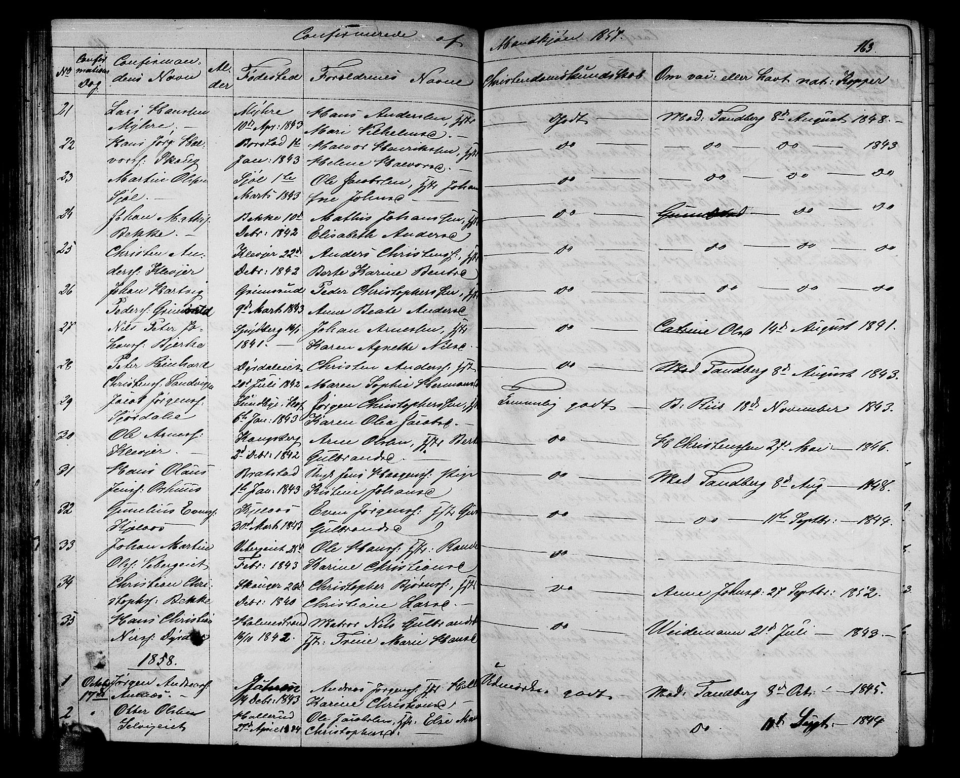 Sande Kirkebøker, AV/SAKO-A-53/G/Ga/L0002: Parish register (copy) no. 2, 1847-1863, p. 163